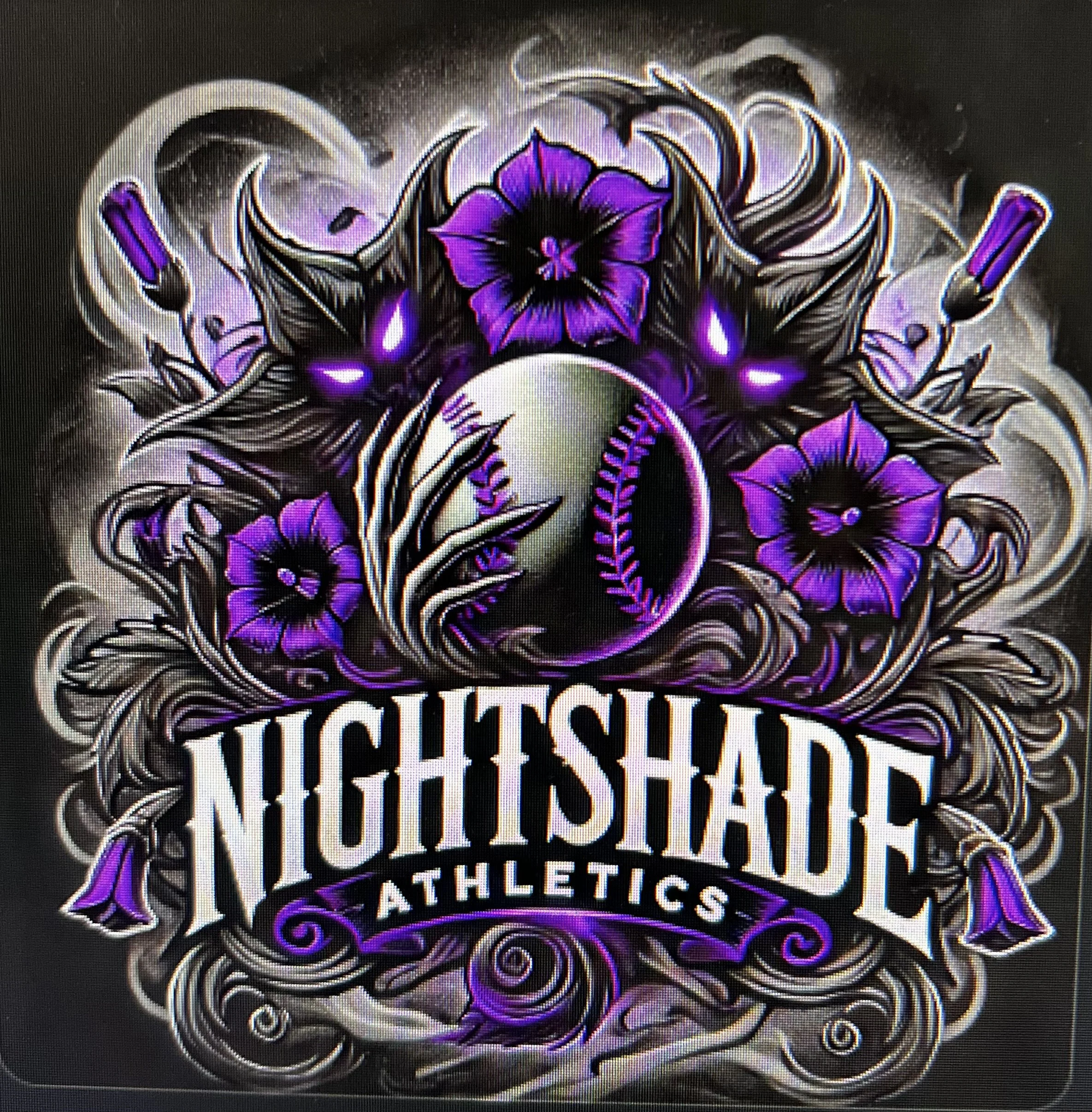 Nightshade Athletics logo featuring a baseball surrounded by nightshade flowers, dark vines, and glowing eyes. The design incorporates purple and dark tones.