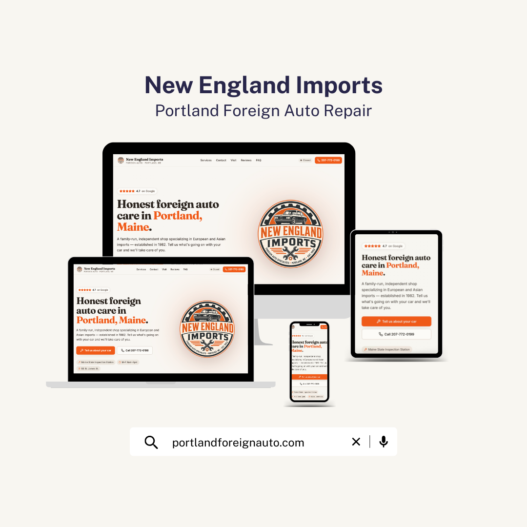 Website, Branding & Logo for New England Imports, Portland Foreign Auto Repair Business