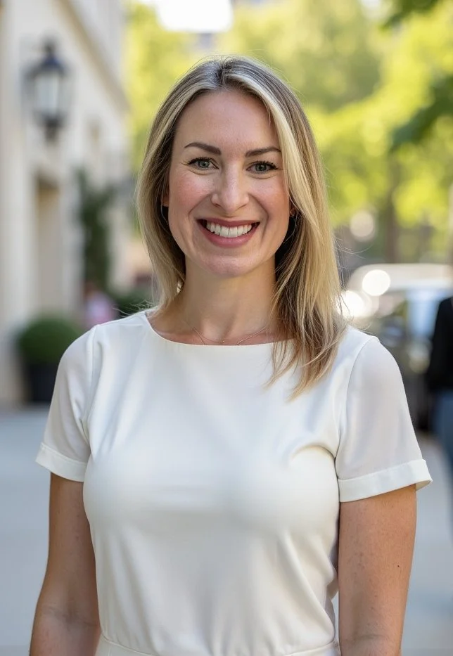 Maura standing outside on a sidewalk in Portland, wearing a beige dress, smiling and looking at the camera
