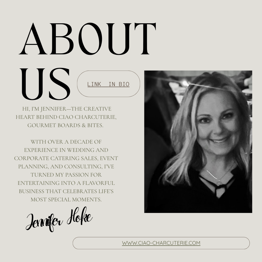About us webpage featuring a black and white photo of Jennifer, a brief biography about her experience in wedding and corporate catering, and her contact website.