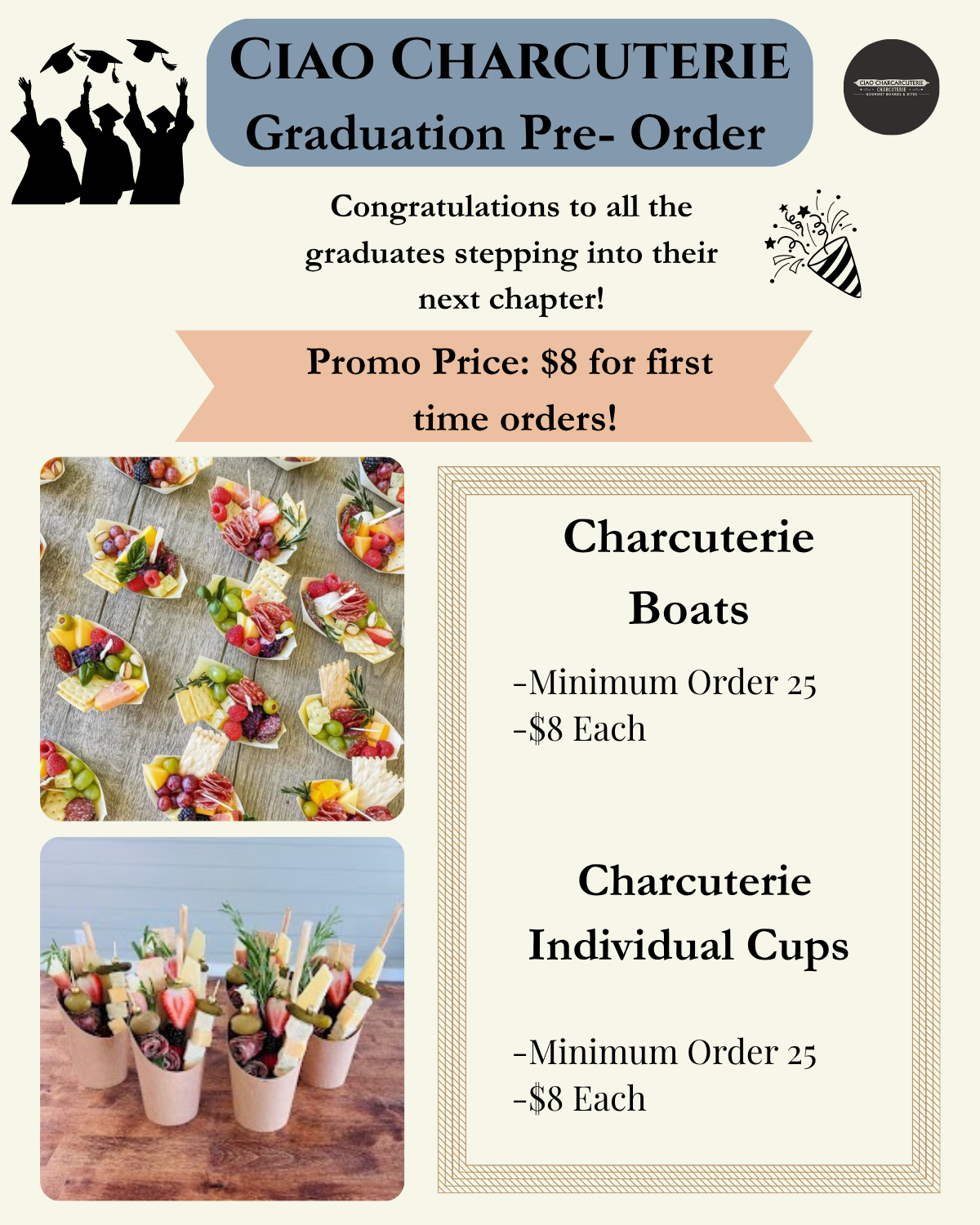 Individual Charcuterie Cups and Charcuterie Boats $8 Promo Order