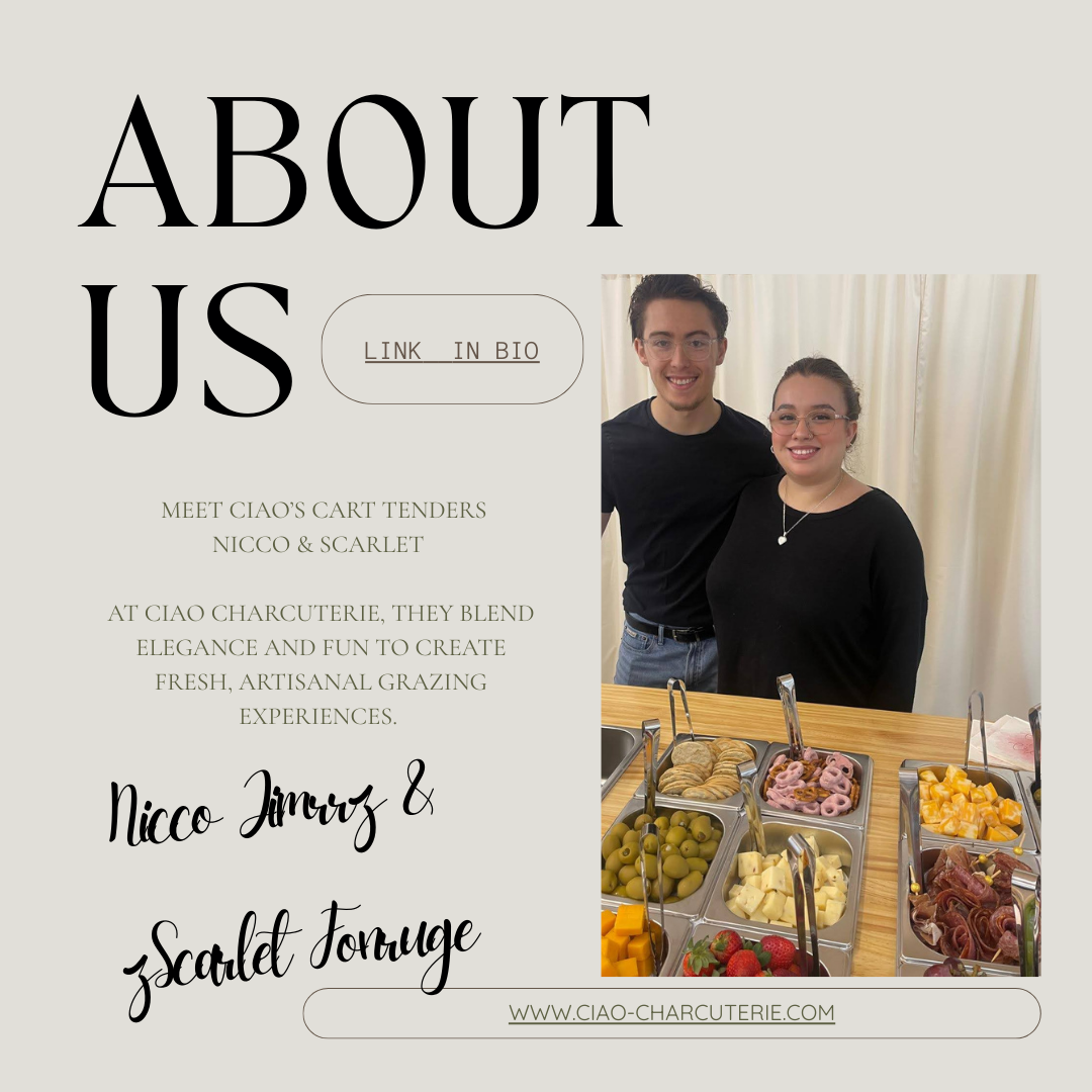 An informational webpage about Nicco Jimenez and Scarlet Fonrouge, featuring a photo of a man and woman smiling by a charcuterie board with various cheeses, meats, and fruit.
