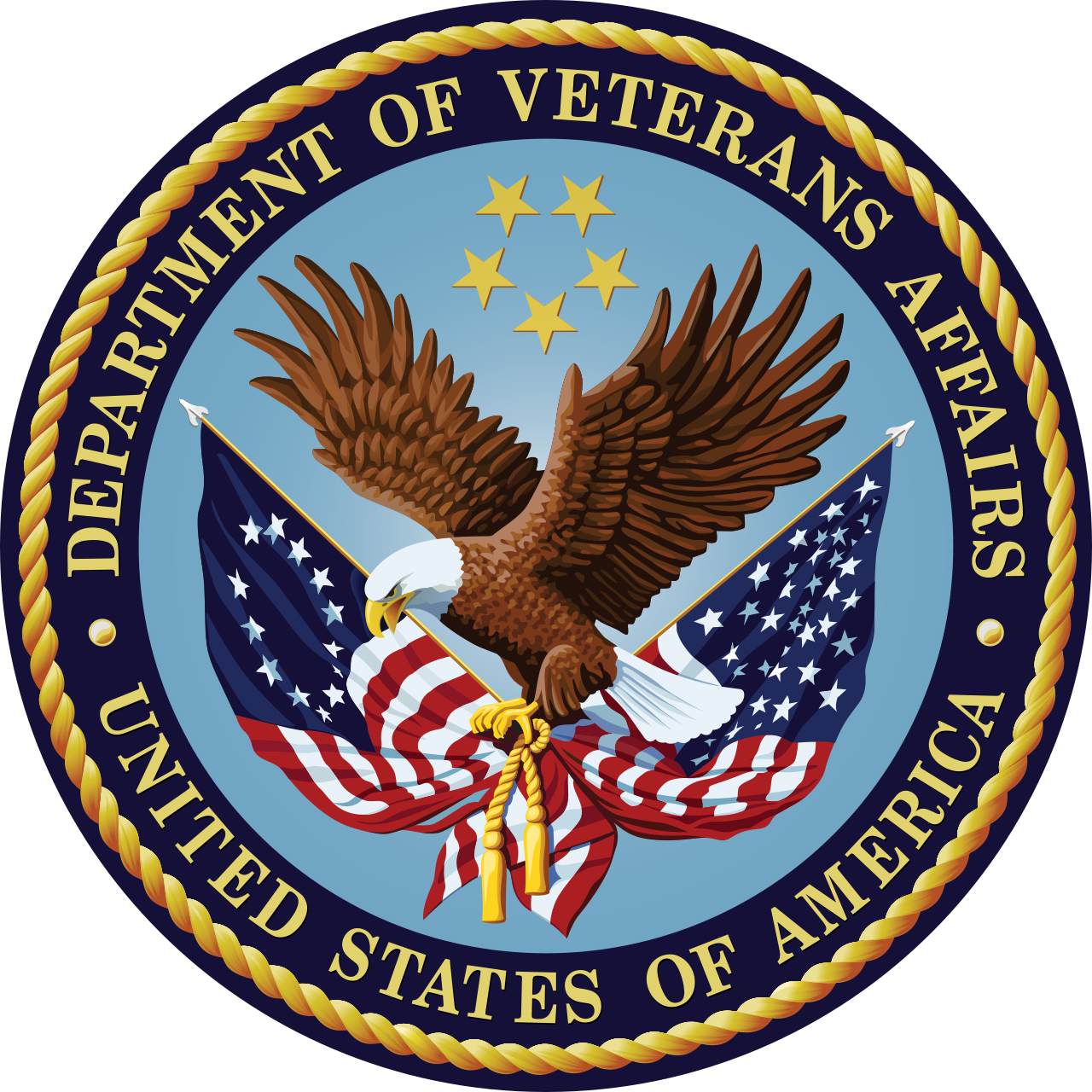 Official seal of the Department of Veterans Affairs featuring an eagle and American flags.