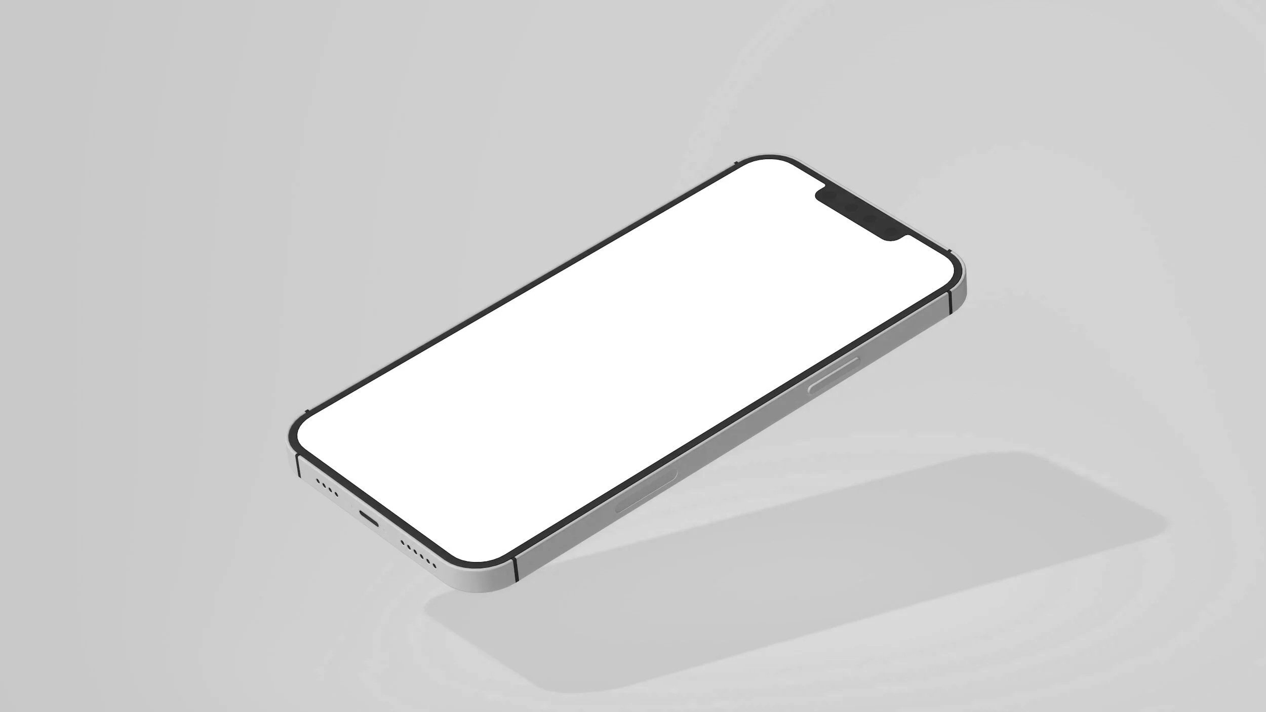 Modern smartphone with white blank screen on light gray background, casting a shadow.