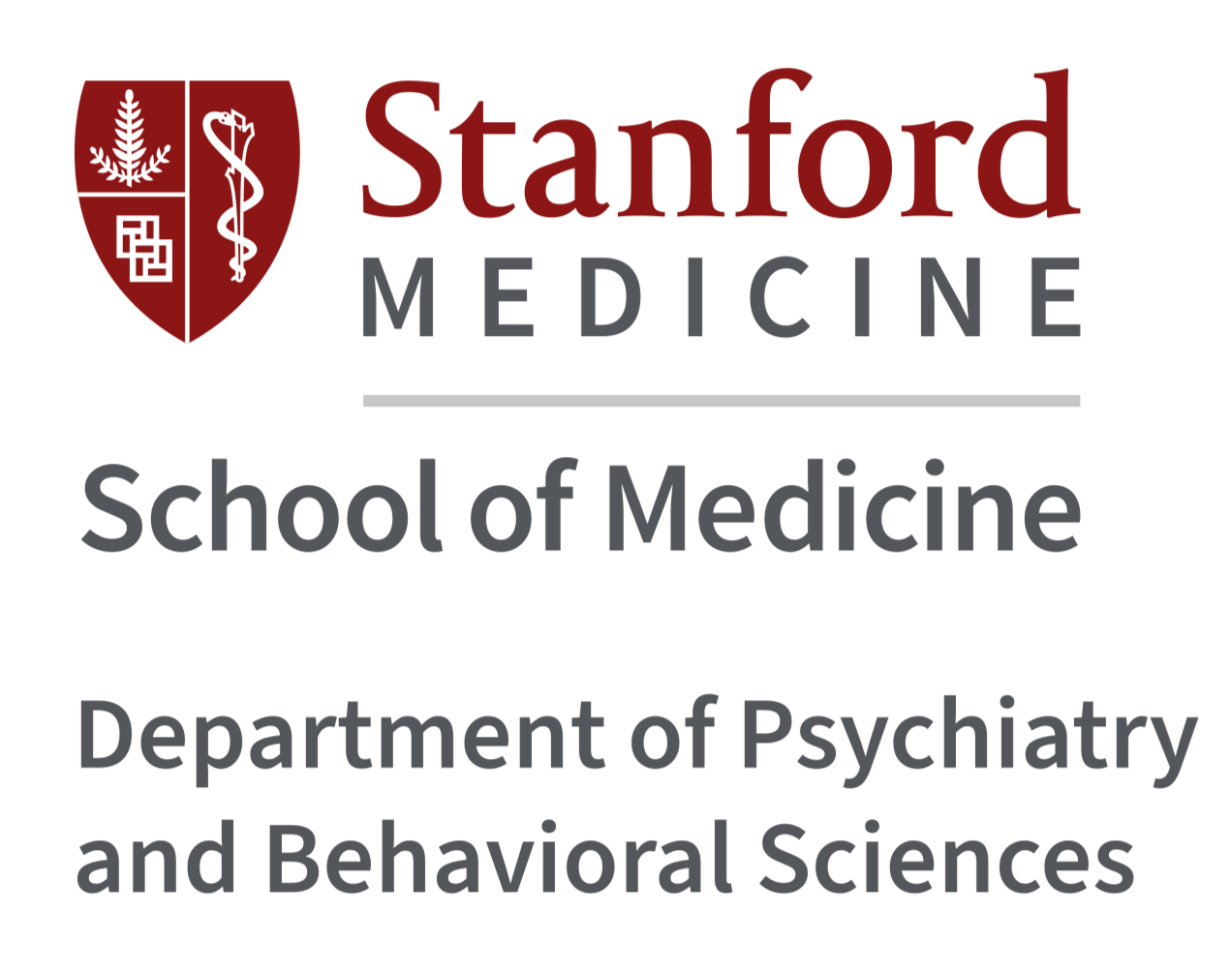Stanford Medicine logo with shield featuring a fern leaf, snake wrapped around a staff, and a design of squares, above the text 'Stanford Medicine' with 'school of Medicine' and 'Department of Psychiatry and Behavioral Sciences' below.