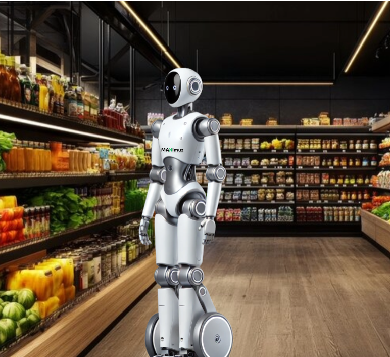 Humanoid robot MAXimuz in a grocery store aisle checking shelves stocked with various products.