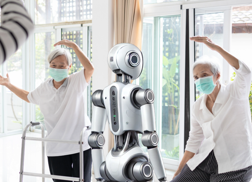MAXimuz Technology humanoid robot  helping elderly individuals performing exercises