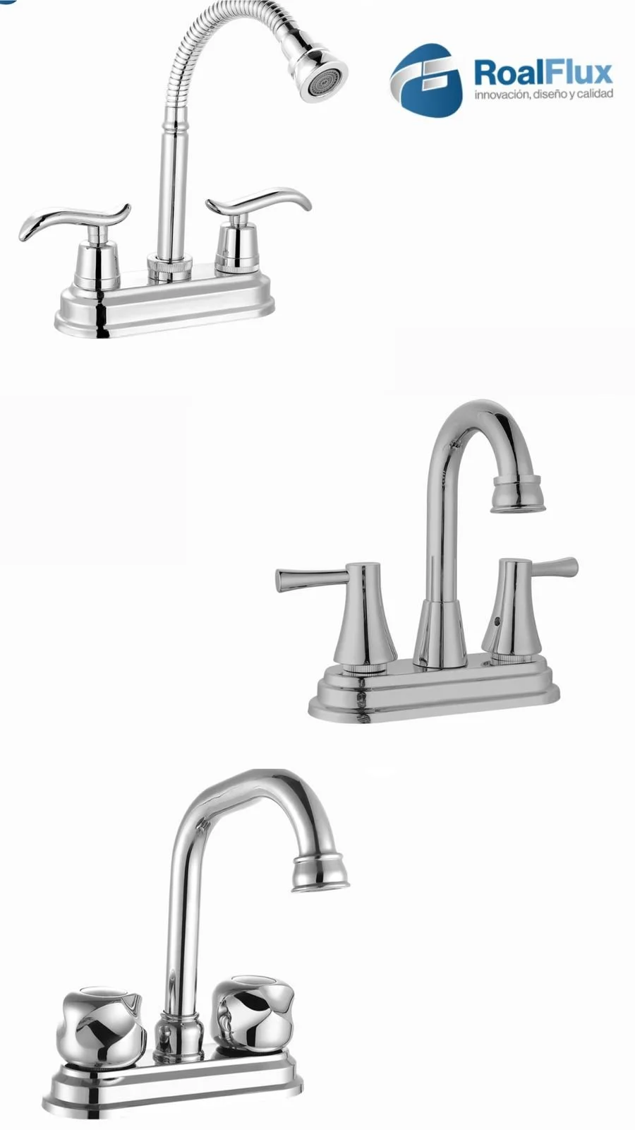 Tres grifos de fregadero de acero inoxidable, diferentes en diseño: uno con dos palancas laterales y chorro flexible, otro con dos palancas laterales y tubo curvo, y otro con dos controles y tubo recto.