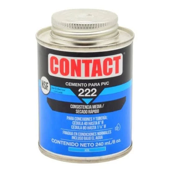 Lata de cemento para PVC marca CONTACT, modelo 222, con contenido de 240 ml, color azul y negro en la etiqueta.