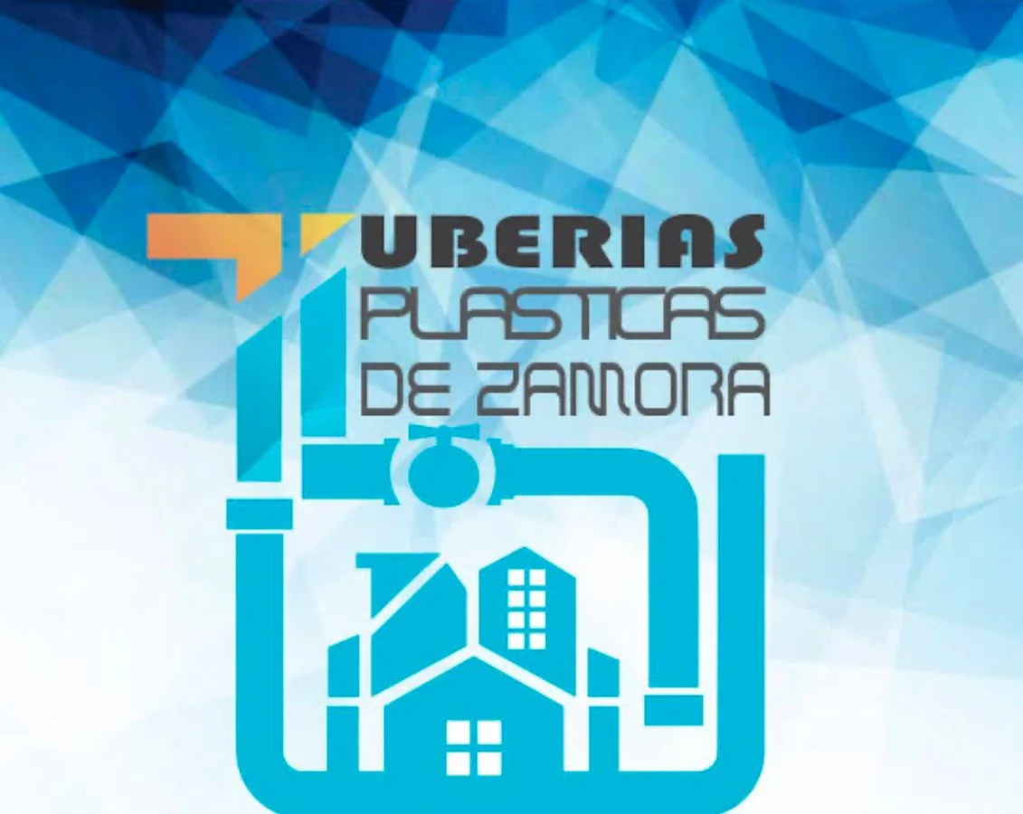 Logo con texto que dice "Uberías Plásticas de Zamora" y un símbolo de plomería o fontanería en azul, con fondo de patrón geométrico en tonos azules.