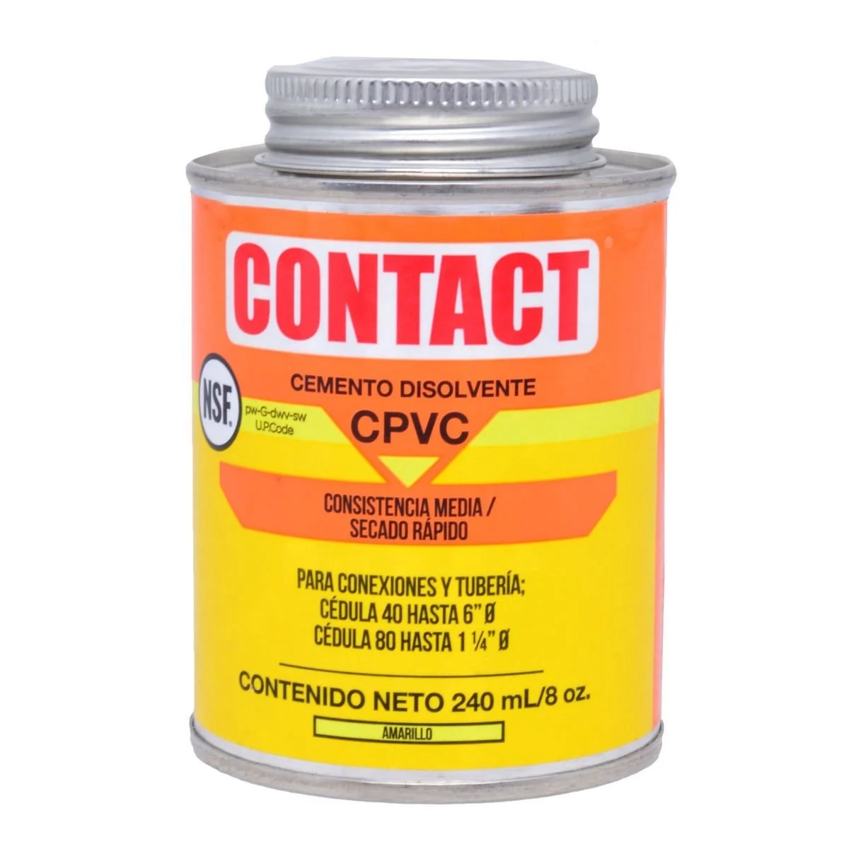Lata de cemento disolvente de color naranja y amarillo con etiqueta que dice 'Contact', 'Cemento Disolvente', 'CPVC', y 'Contenido neto 240 mL'.