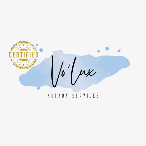 Logo for Vo'luxe Notary Services with a gold 'Certified' badge and blue watercolor background.
