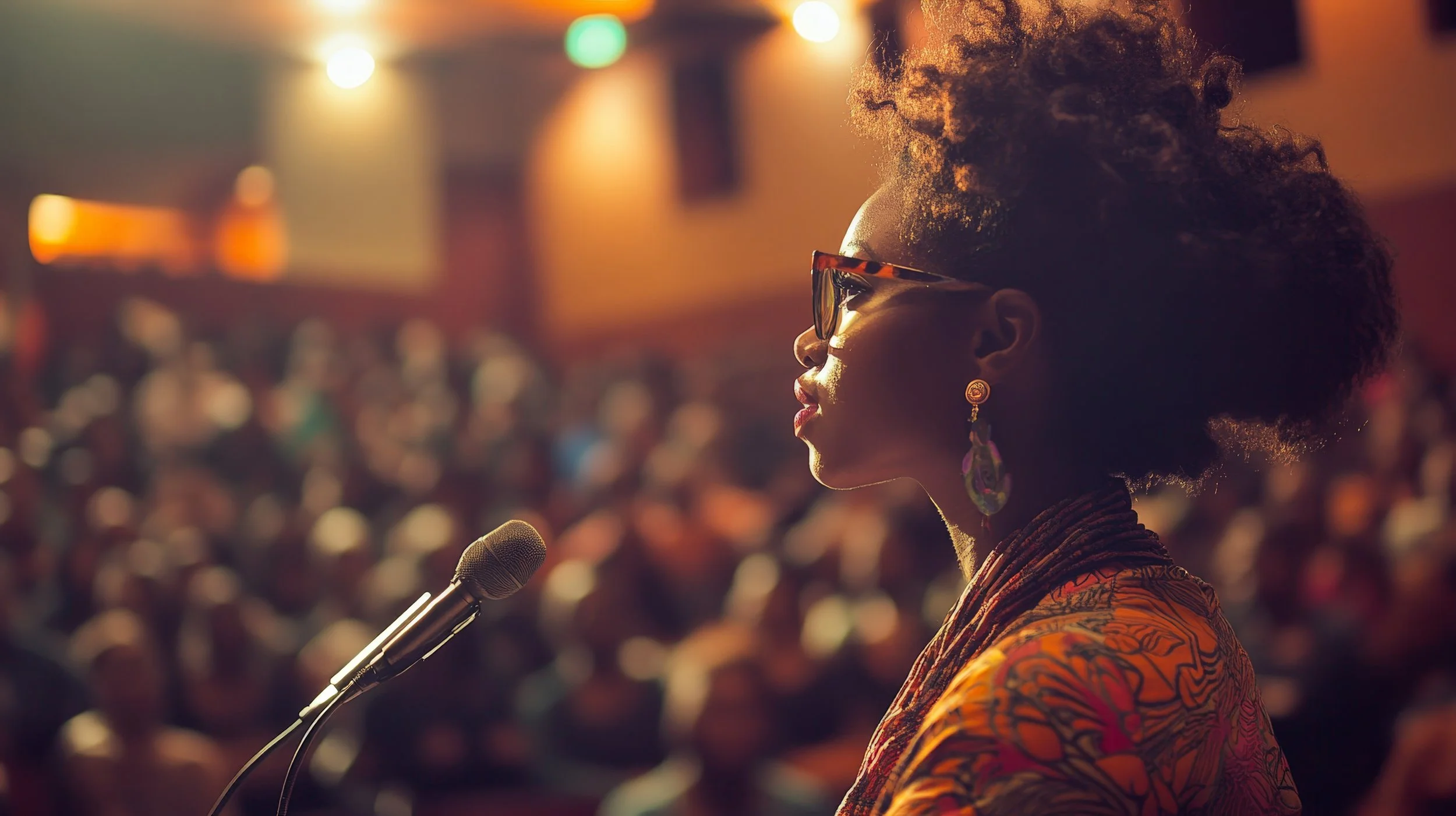 A woman with dark skin, curly hair, wearing glasses and earrings, standing in profile at a microphone during a performance or speech in a crowded indoor venue with warm lighting.
