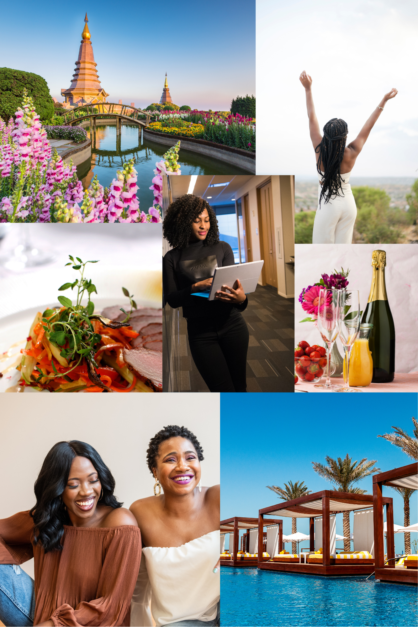Collage with pagoda and garden, woman with arms raised, person using tablet, plated dish, champagne with fruits, women smiling, luxury pool cabanas.