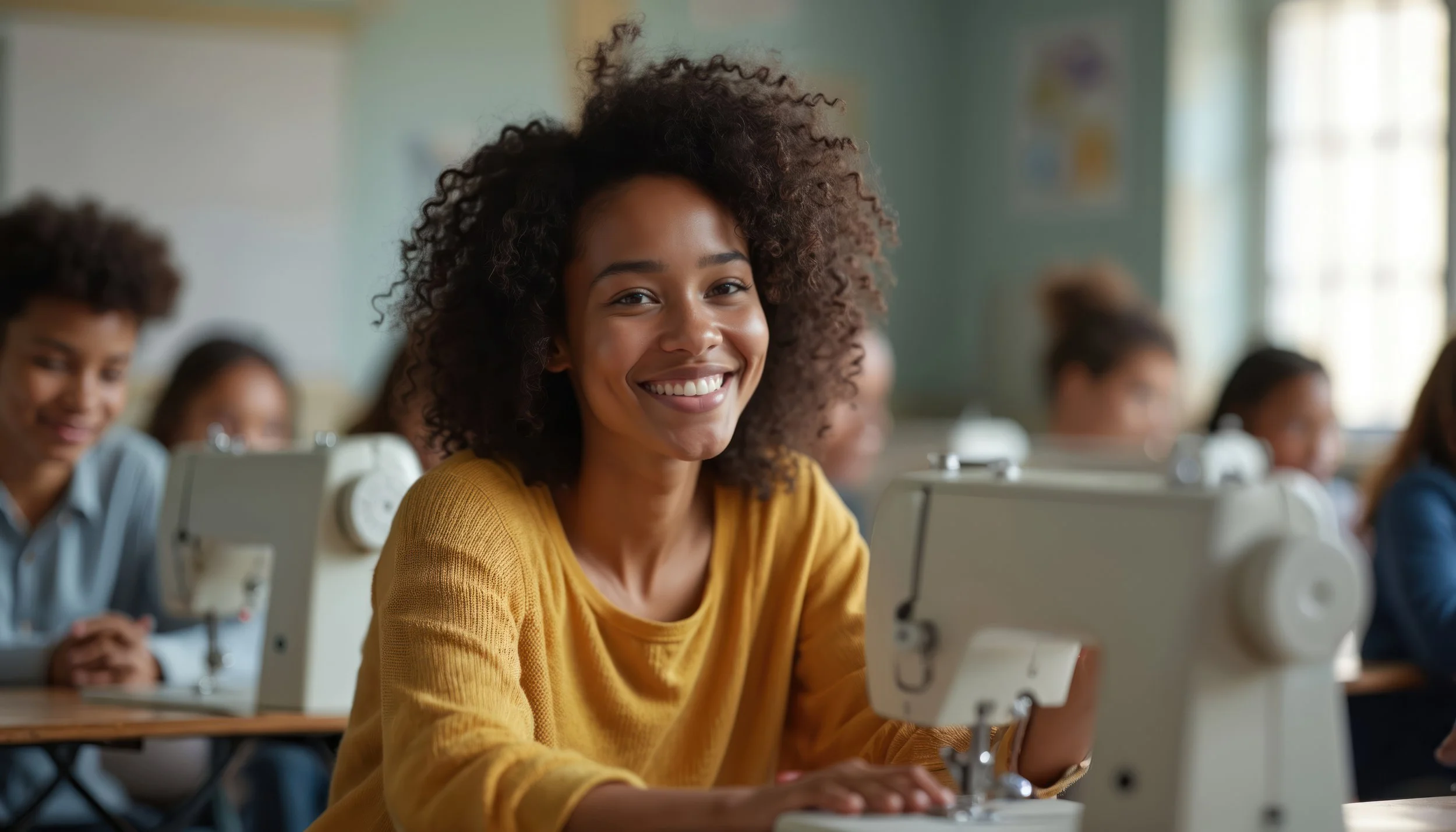 A woman with curly hair in a yellow sweater smiling in a classroom with other students working on sewing machines.