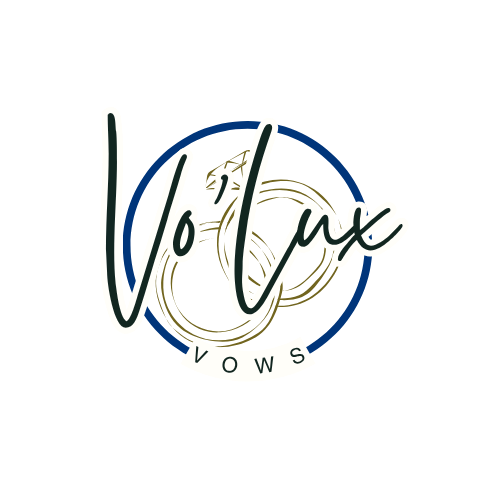 Logo with the words 'V Love' in stylized script above 'Vows' in a banner, surrounded by decorative circular lines