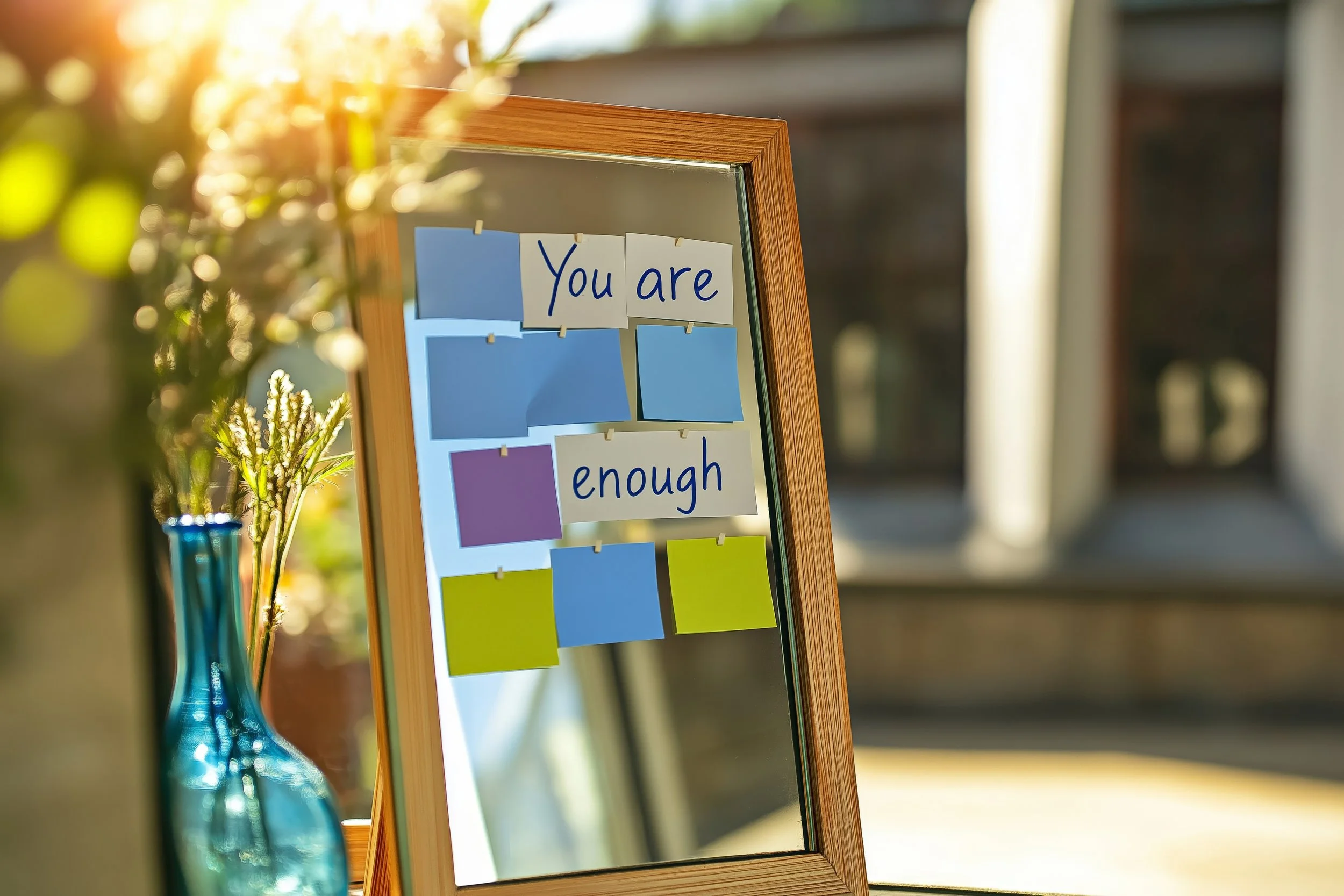 Mirror with "You are enough" message and sticky notes, blue vase with flowers, sunlight.