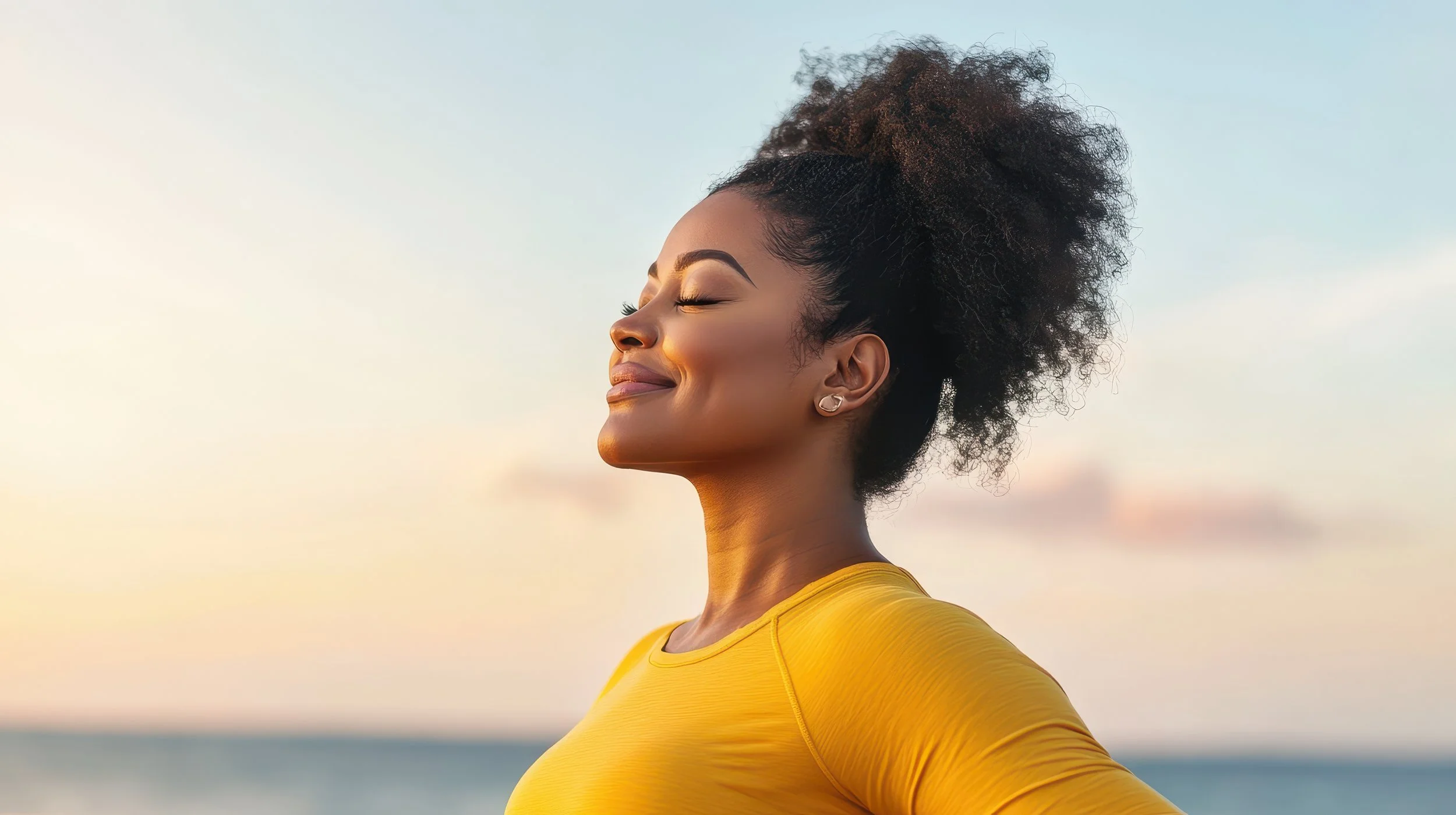 Woman in yellow shirt smiling with closed eyes against sunset background