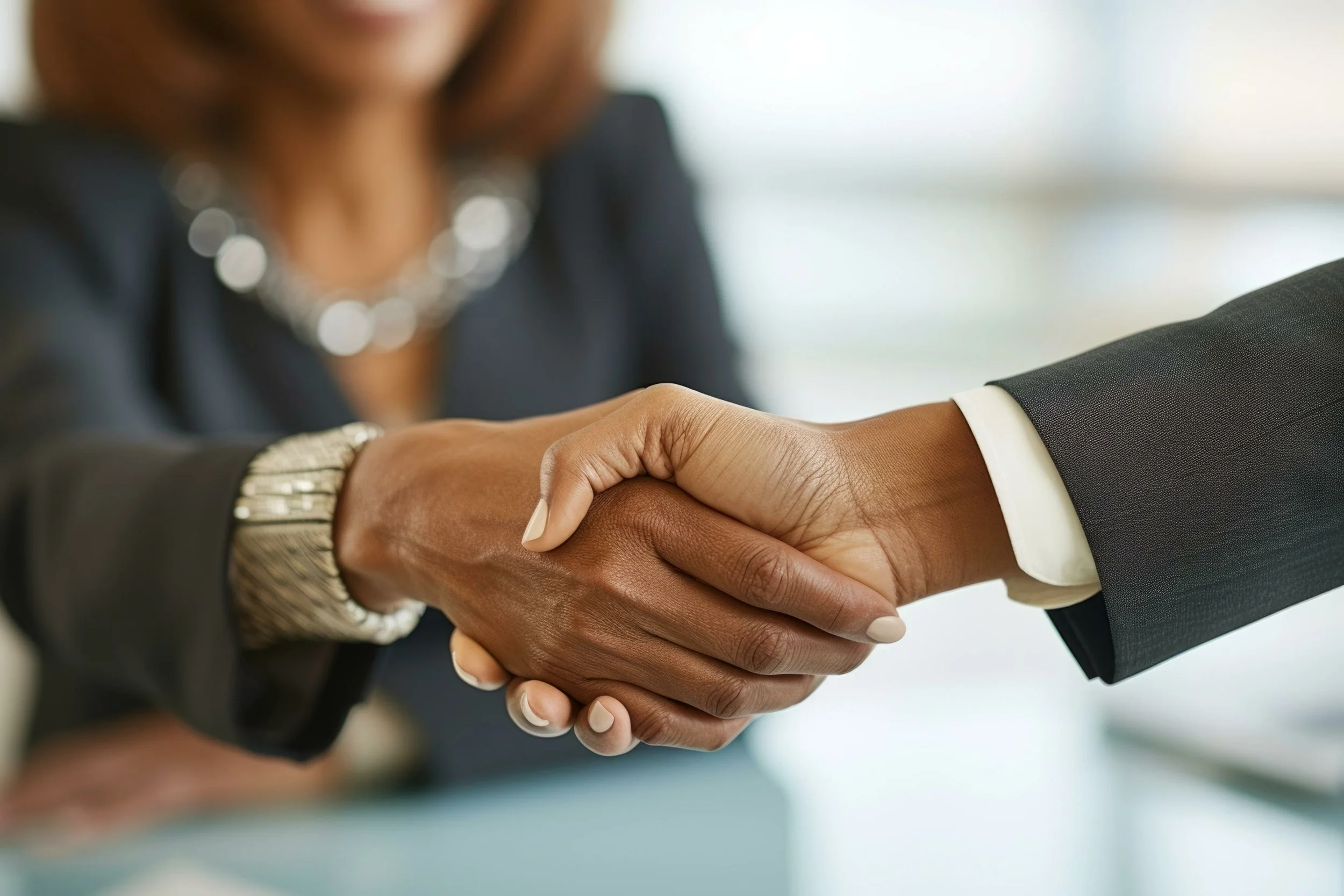 Close-up of a handshake between a woman and a man, both dressed in formal business attire, in an office setting.