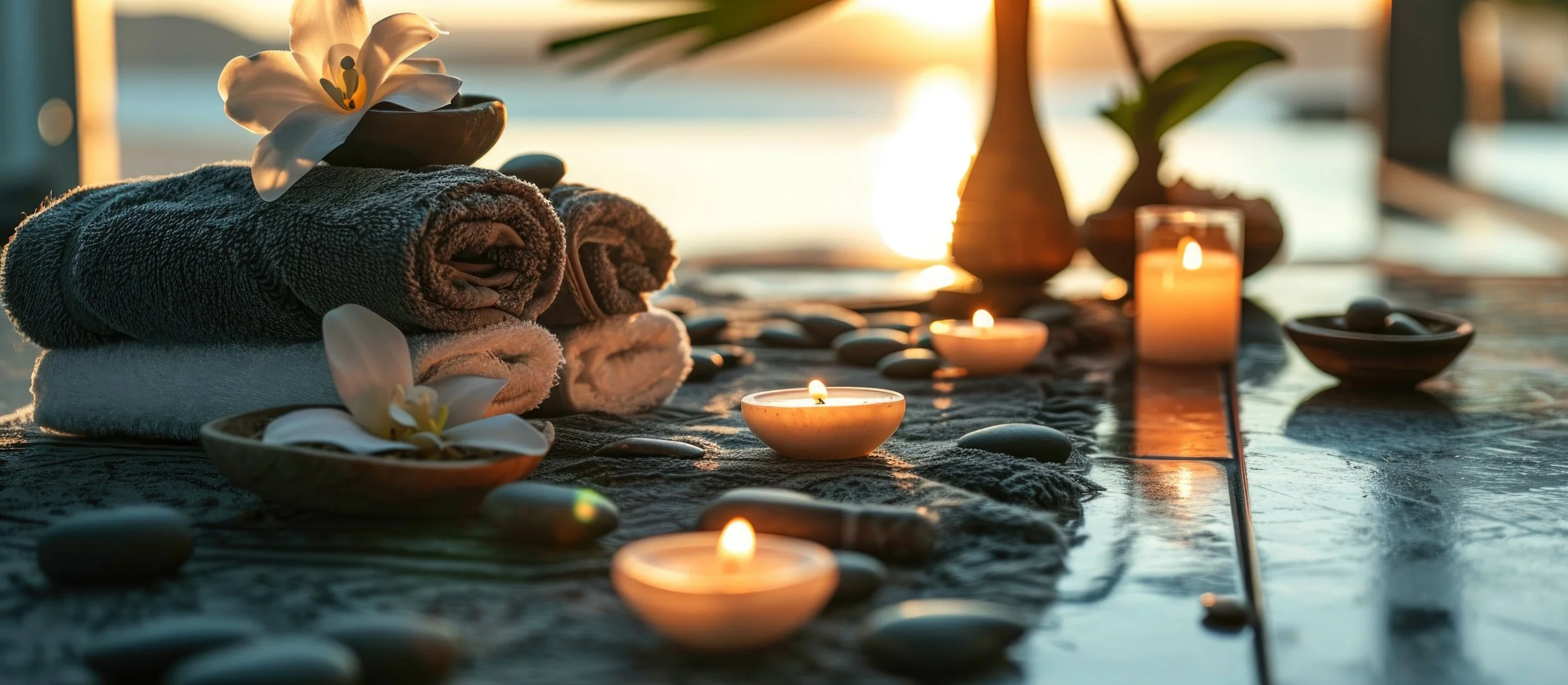 Spa setup with rolled towels, candles, stones, and flowers at sunset.