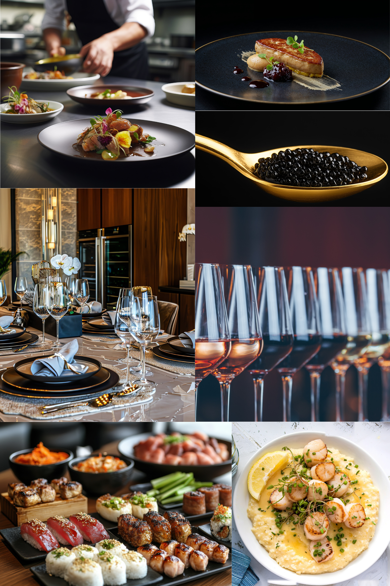 Array of images showing fine dining scenes and food. Top left: chefs preparing dishes in a professional kitchen. Top right: plated gourmet dessert with sauce and garnish. Middle right: spoonful of black caviar. Middle left: elegantly set dining table with glassware, napkins, and dinnerware in a restaurant. Bottom right: seafood dish with scallops on creamy sauce, garnished with lemon and herbs. Bottom left: assortment of sushi, sashimi, and Asian condiments.