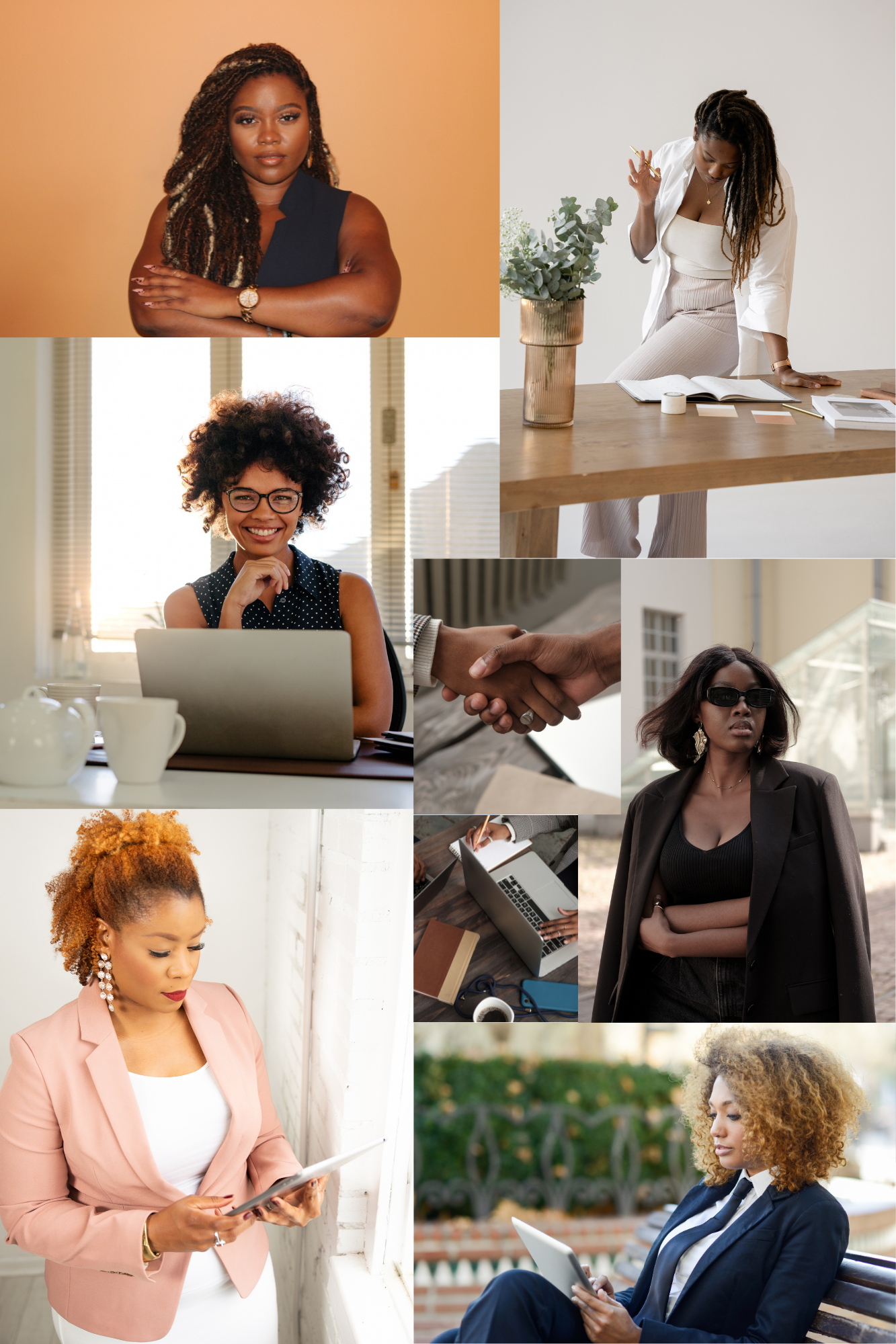 Collage of confident women in professional settings, including working on laptops, reading tablets, and shaking hands, depicting business and success.