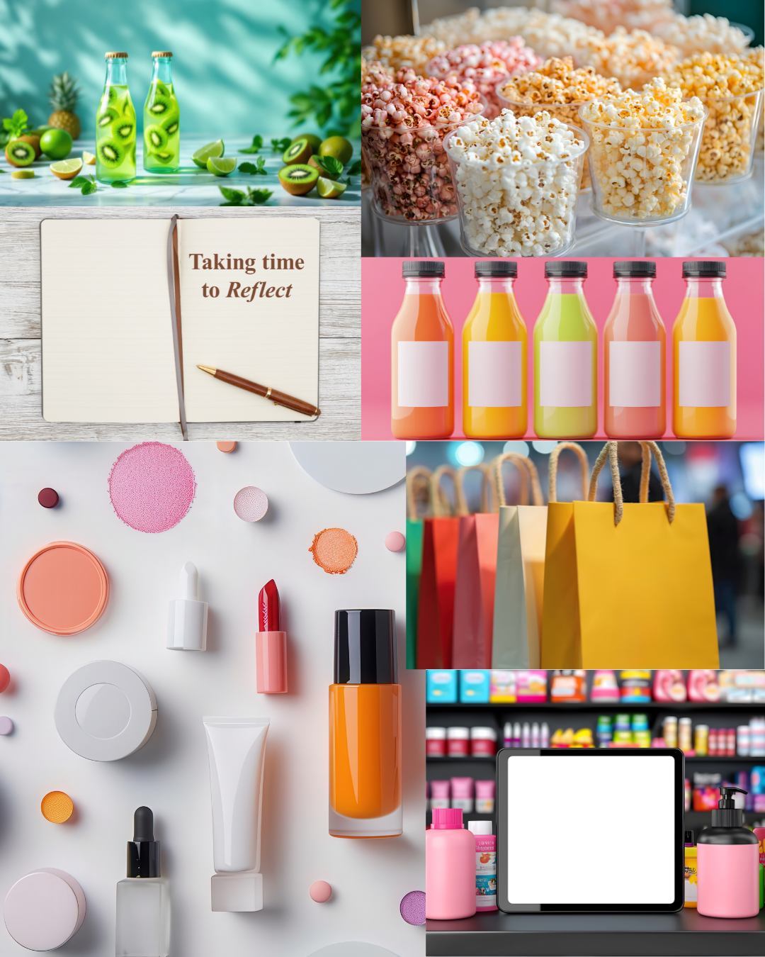 A collage of six images showing various products and activities. The top left features two bottles of green kiwi flavored drink with kiwi fruits and lemon slices. The top right displays cups of popcorn with pink, caramel, and cheese flavors. The middle left shows an open notebook with the text 'Taking time to Reflect' and a pen. The middle right has shopping bags in various colors. The bottom left contains assorted makeup items and cosmetics, including lipstick, blush, foundation, and skincare products. The bottom right shows a pharmacy or health store aisle with a tablet, bottles of medicine or supplements, and hand sanitizer.