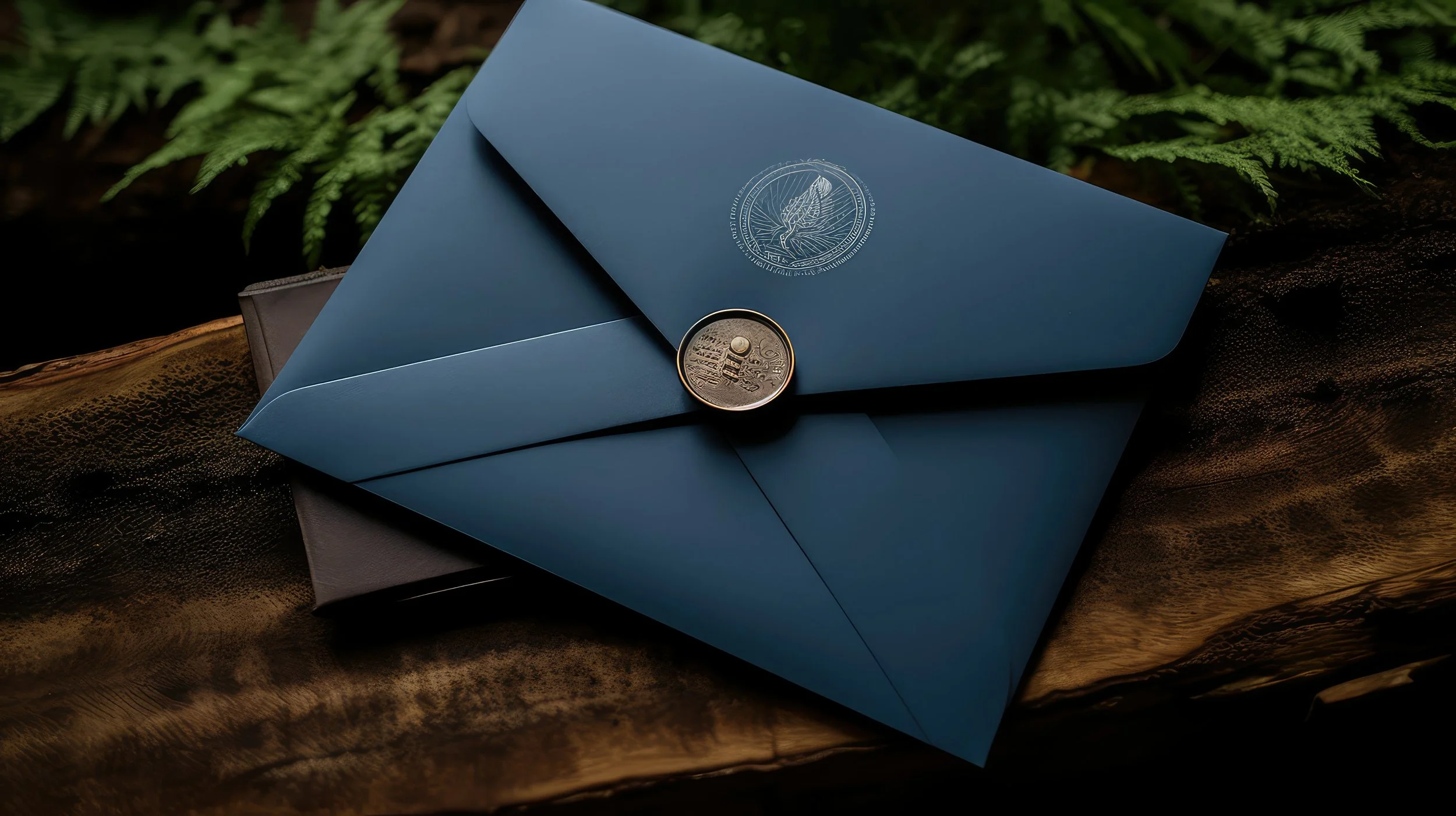 A blue envelope with a seal featuring a bird, placed on a wooden surface with green fern leaves in the background.