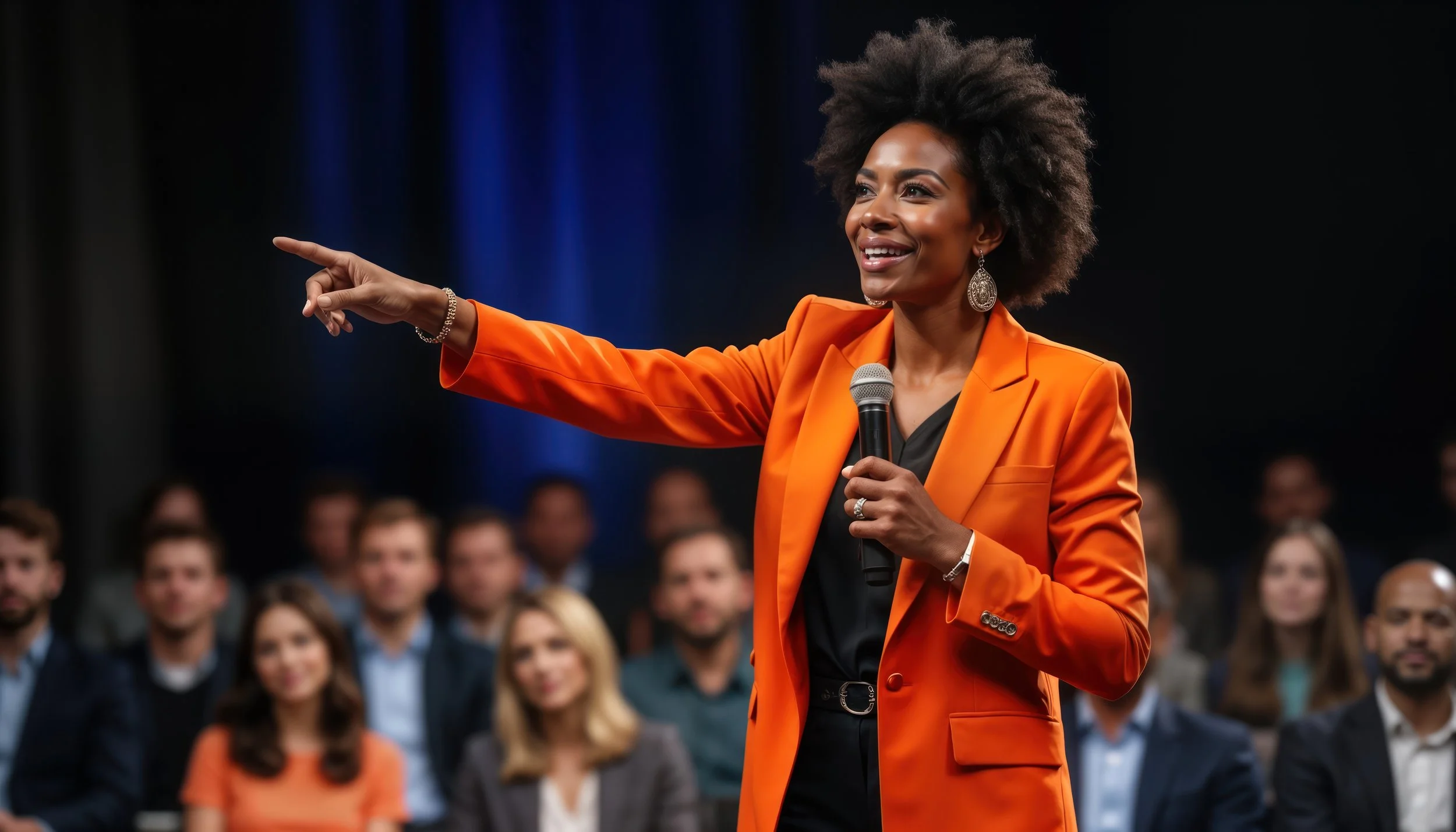 A woman in an orange blazer speaking into a microphone and pointing at the audience during a presentation or lecture in a conference room.