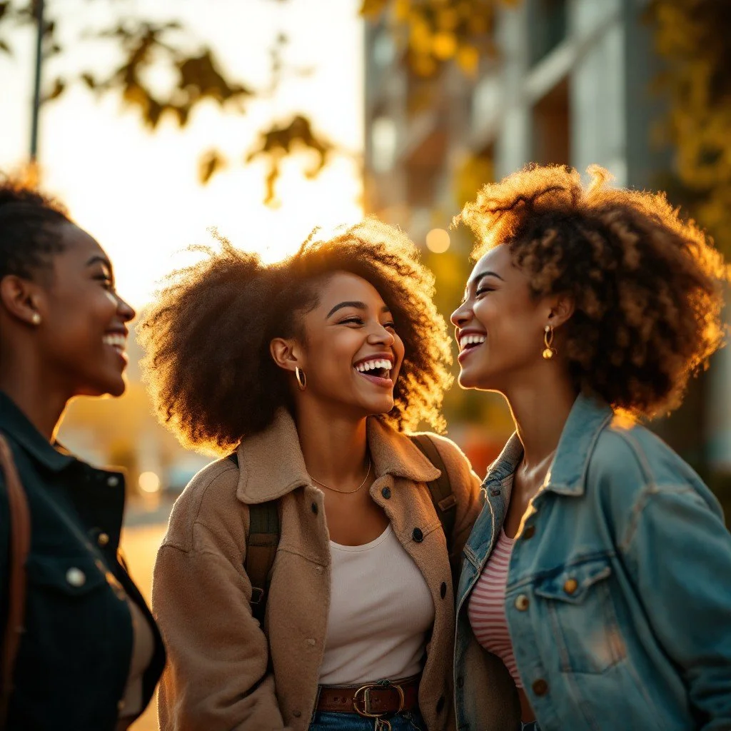 Three women smiling and laughing outdoors at sunset, wearing casual jackets, with trees and a building in the background.