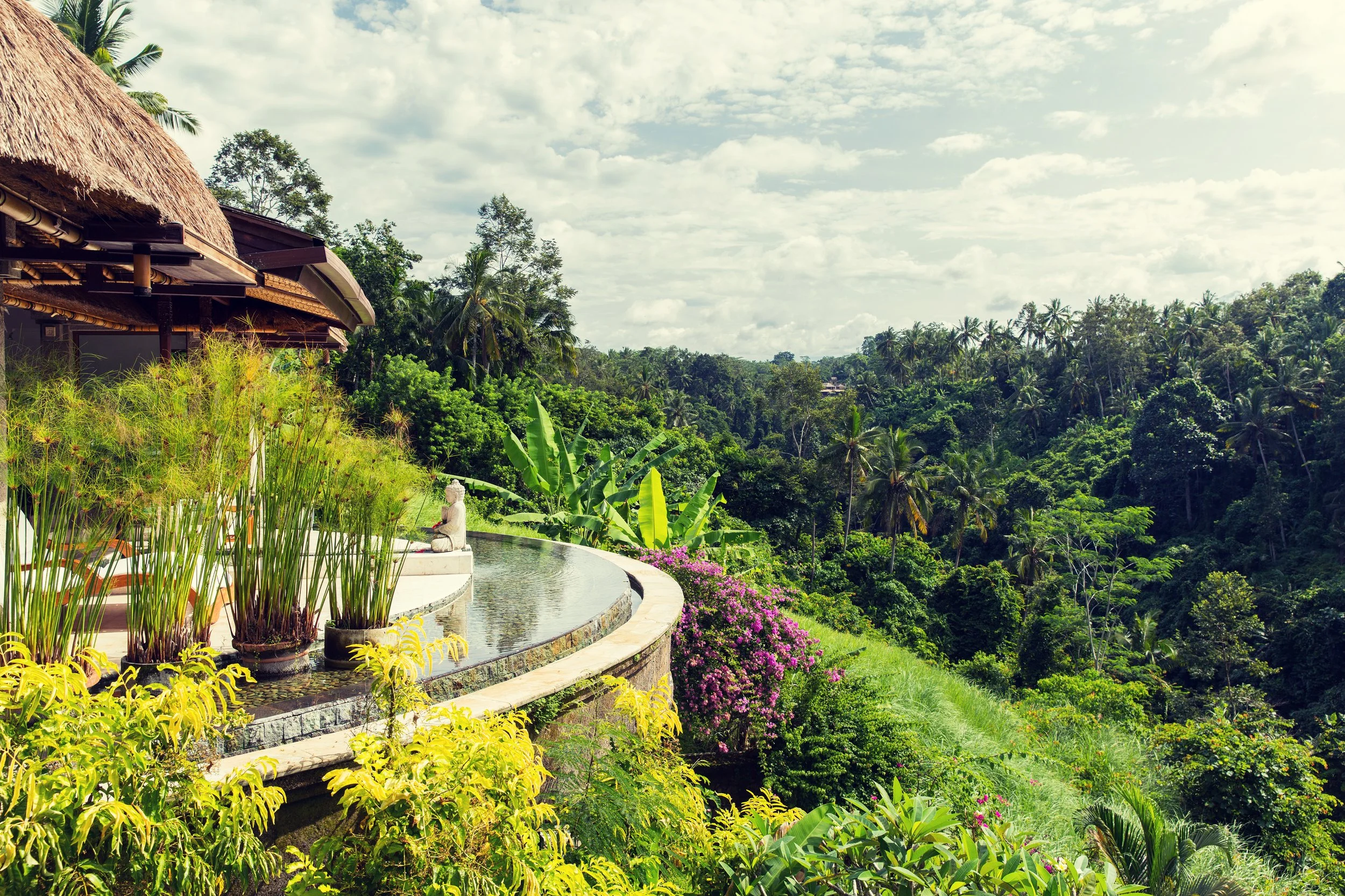 A scenic view of a lush green tropical landscape with a curved stone wall and a reflecting pool, surrounded by vibrant plants and trees under a partly cloudy sky.
