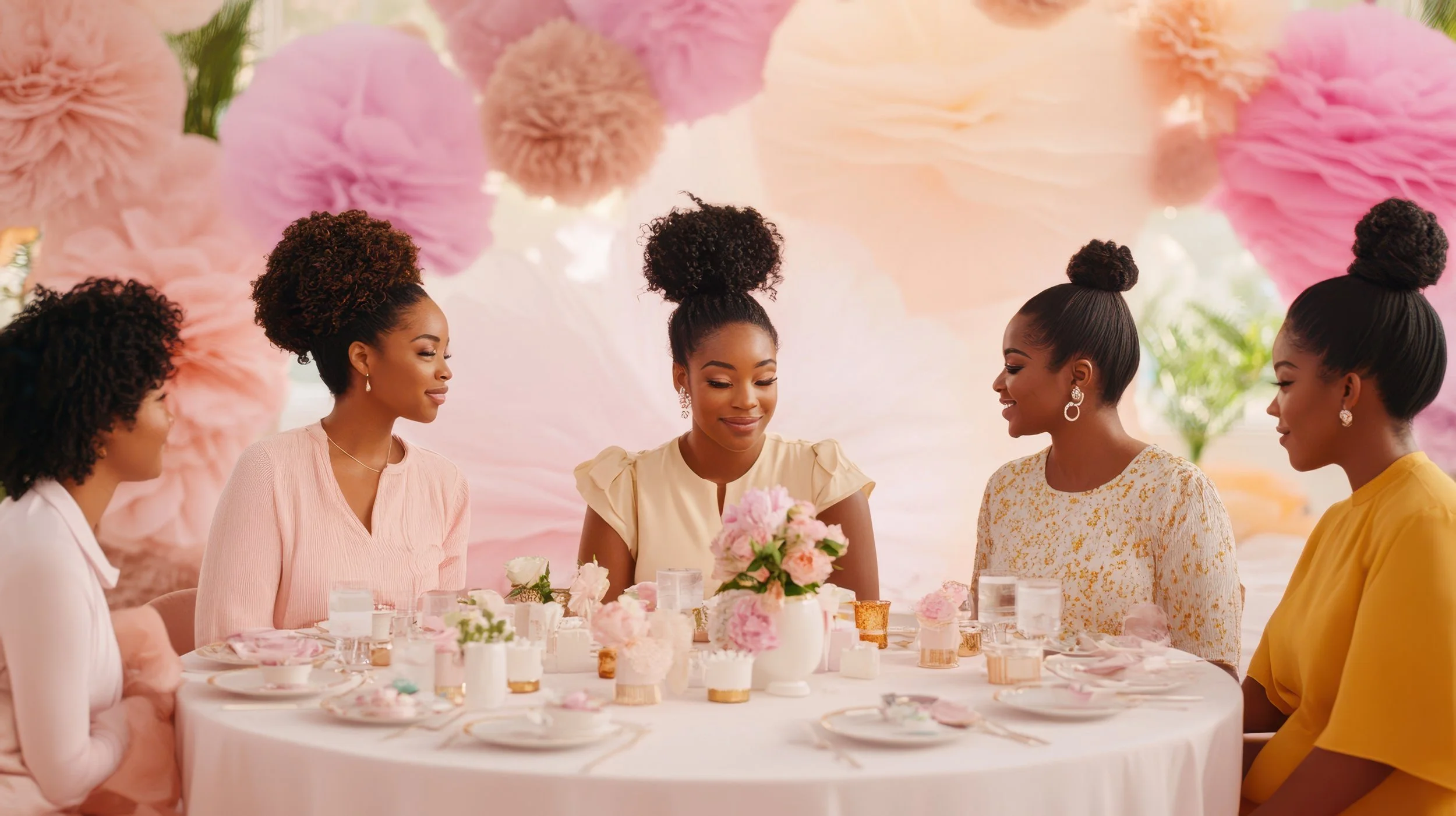 Five women with styled hair seated at a decorated table with pink flowers and pastel tableware, enjoying a celebration in a pastel-themed setting.