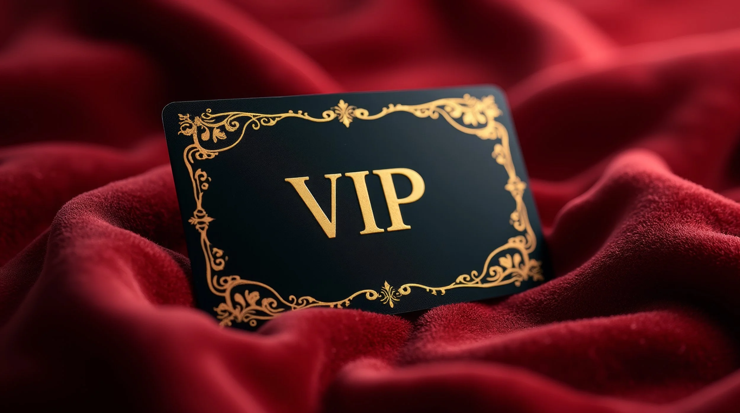 VIP card with gold ornate border on velvet red fabric background.