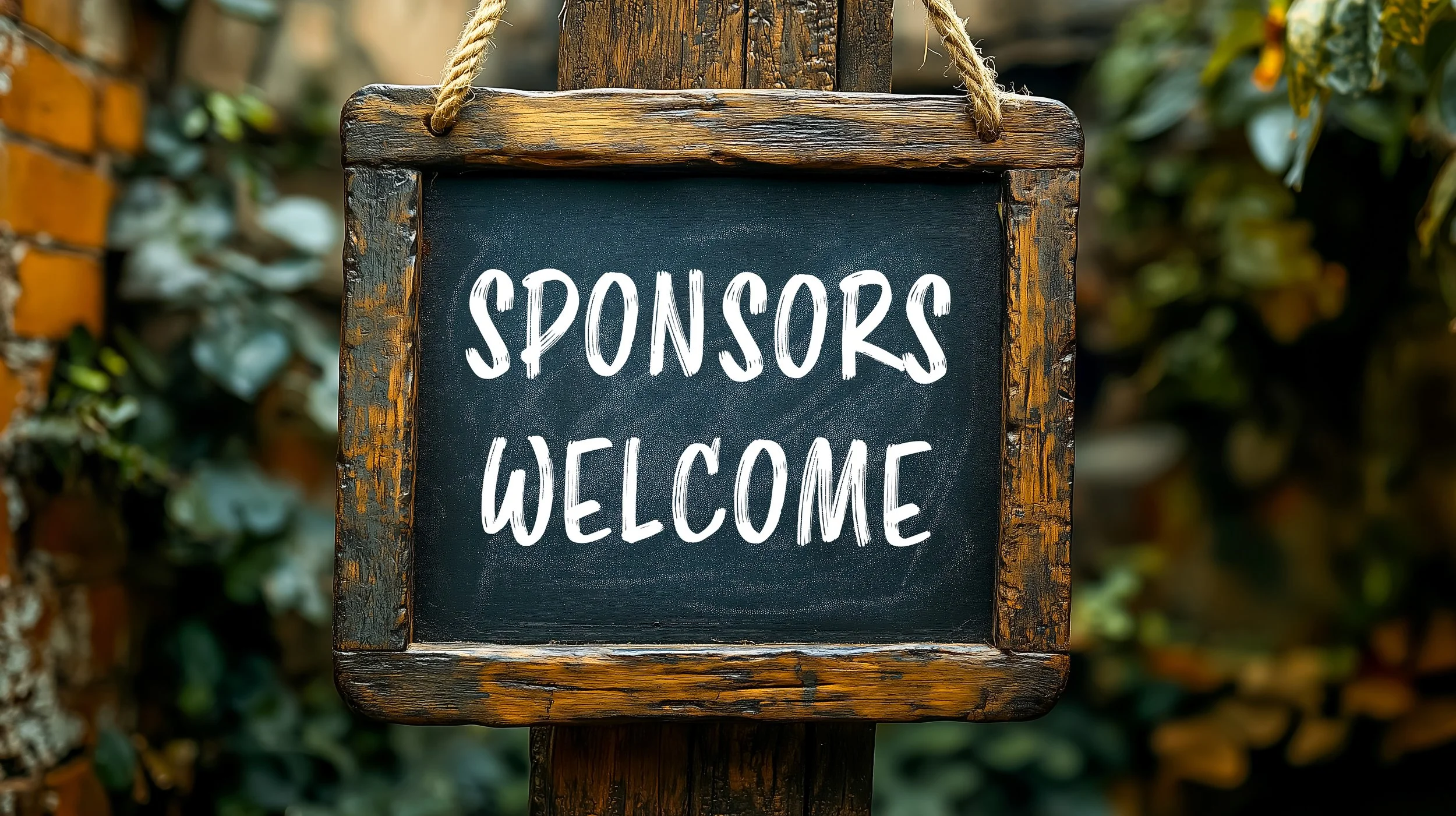 A wooden sign hanging outdoors reads "SPONSORS WELCOME" in white chalk lettering.