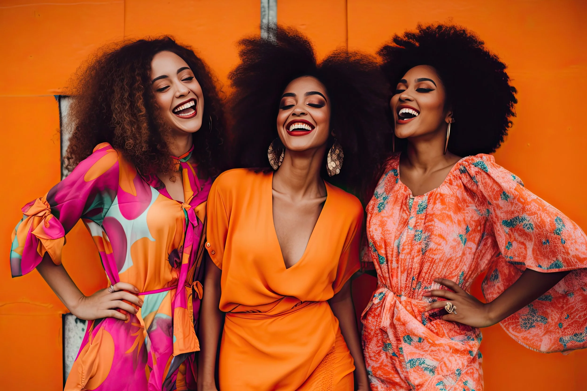 Three women with big curly hair and bright outfits smiling and laughing in front of an orange background.