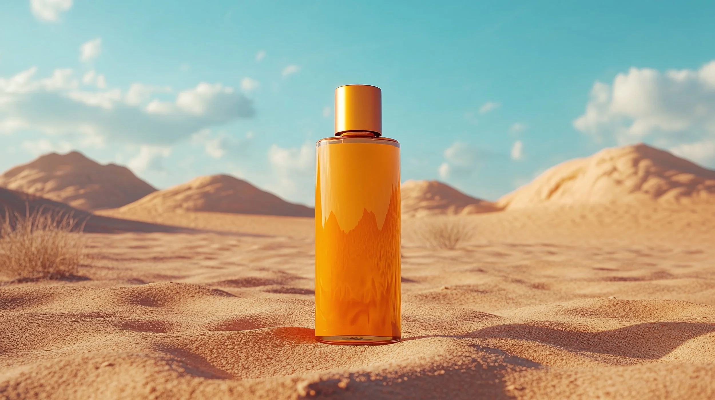 Yellow bottle of sunscreen lotion standing in a desert landscape with sand dunes and mountains in the background under a partly cloudy sky.