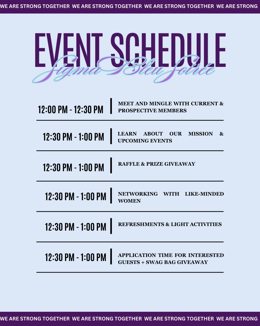 Event schedule flyer for Figma New Foire with activities from 12:00 PM to 1:00 PM, including meet and mingle, mission and upcoming events, raffle and prize giveaway, networking with like-minded women, refreshments, and applications for interested guests with swag bag giveaway.