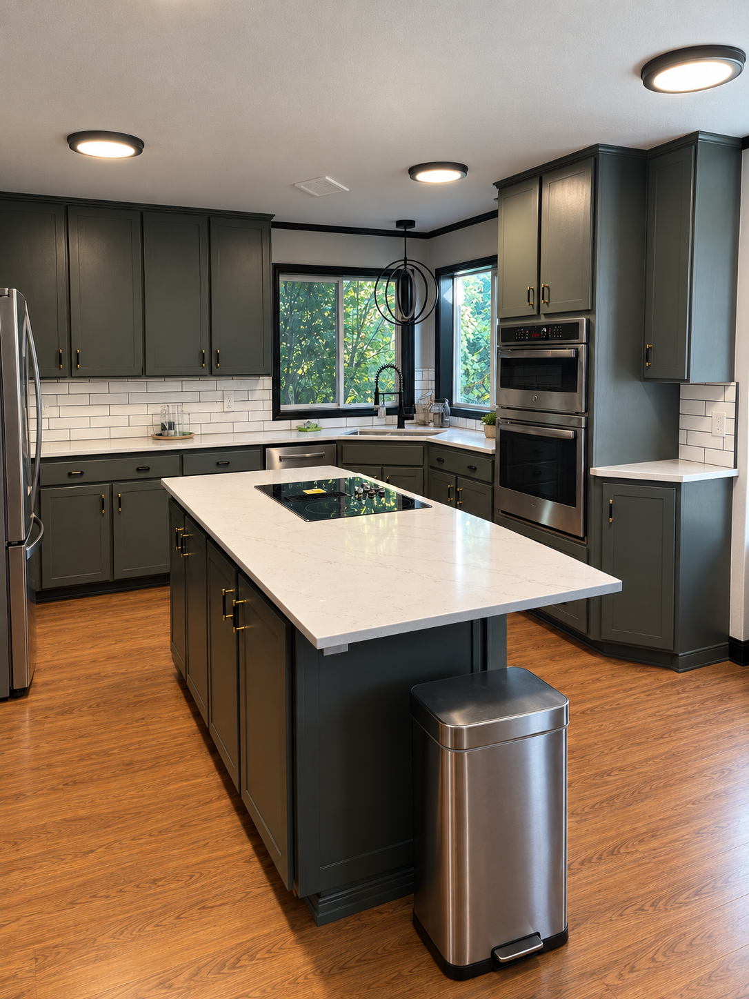 Kitchen - After. We preserved the existing cabinets, which just needed some minor touch ups and a coat of paint then added in new quartz countertops, subway tile backsplash, sink, lighting, and appliances. 