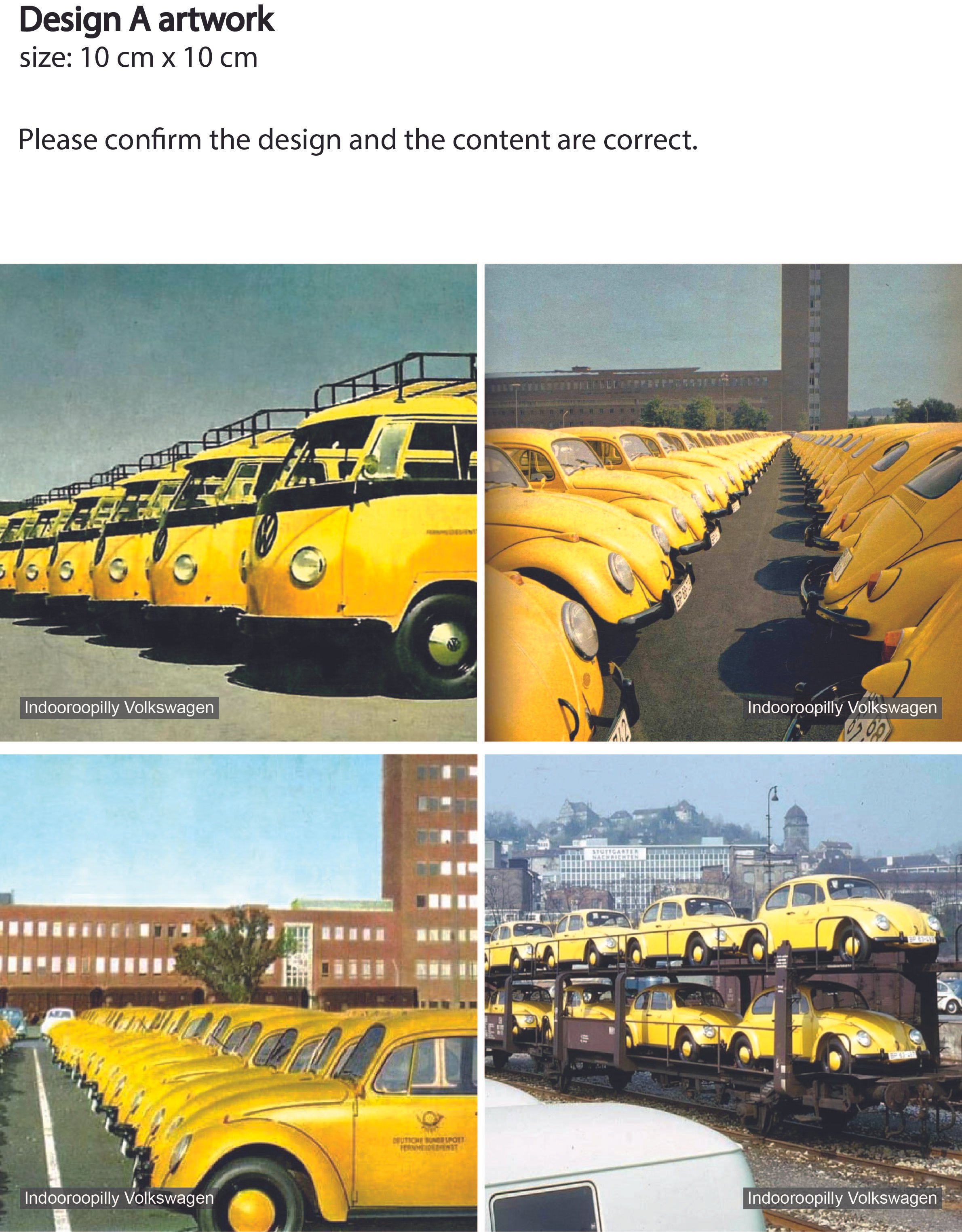 Collage of vintage yellow Volkswagen vehicles, including vans and Beetles, parked in neat rows or loaded on transport railcars.
