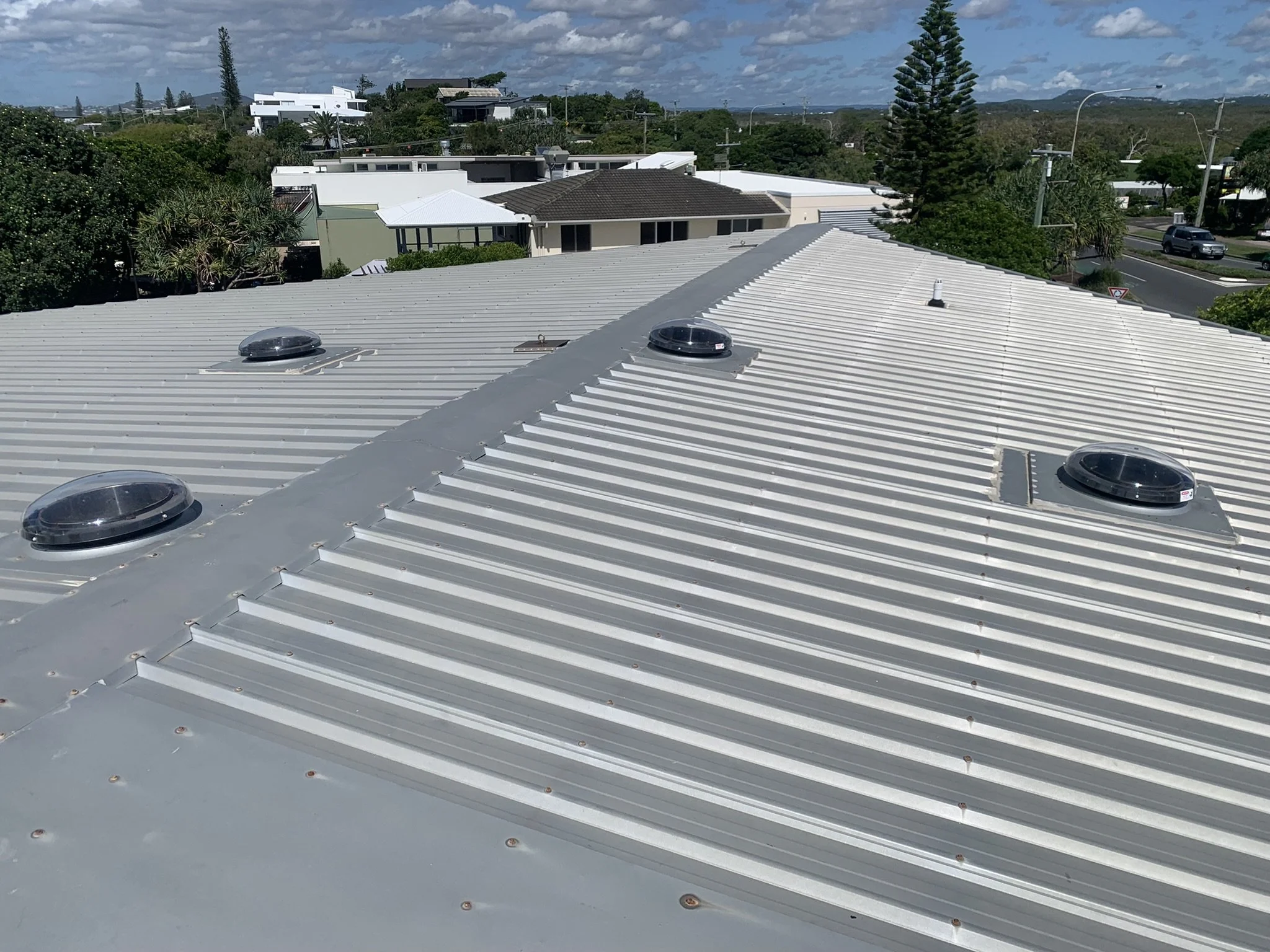 Metal roof with skylights and a view of surrounding neighborhood and trees under a partly cloudy sky.