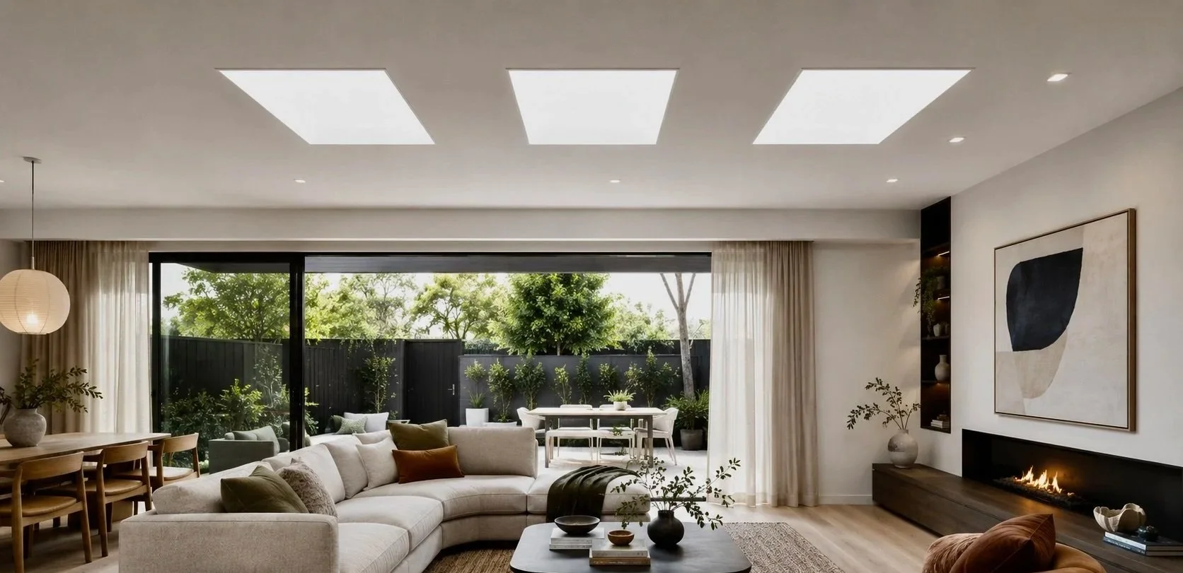Bright, modern kitchen with white cabinets, marble countertop, lemons in a bowl, fresh herbs, a loaf of bread, and colorful kitchenware with 3 bright skylights.