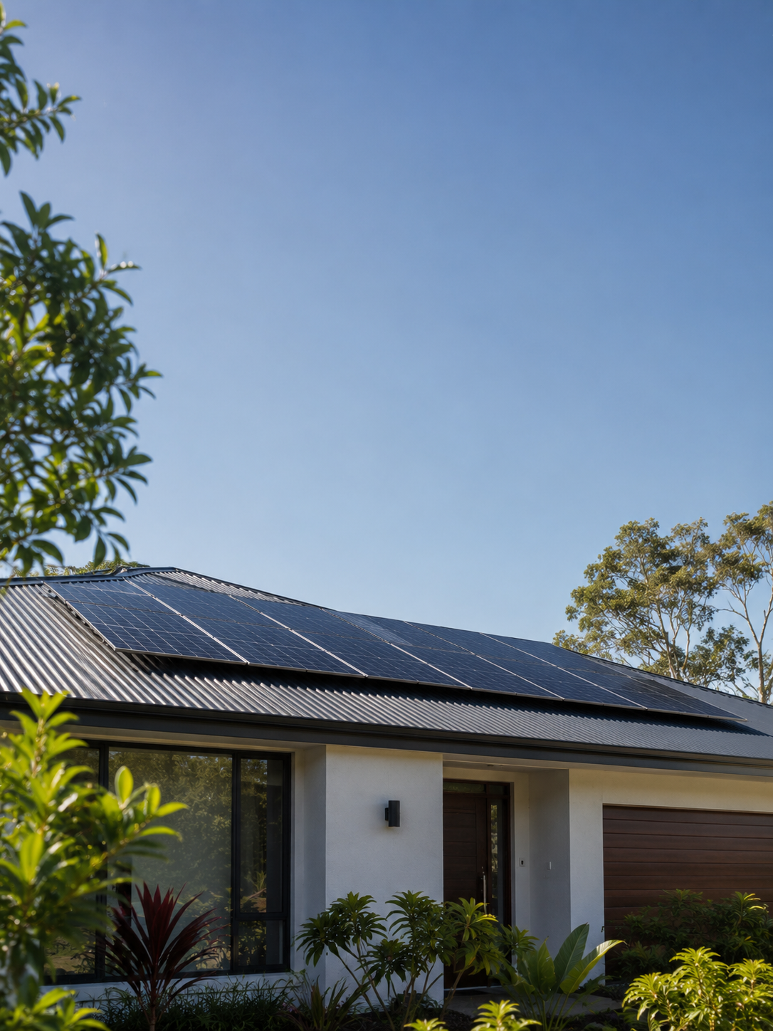 House with solar panels on roof, blue sky.