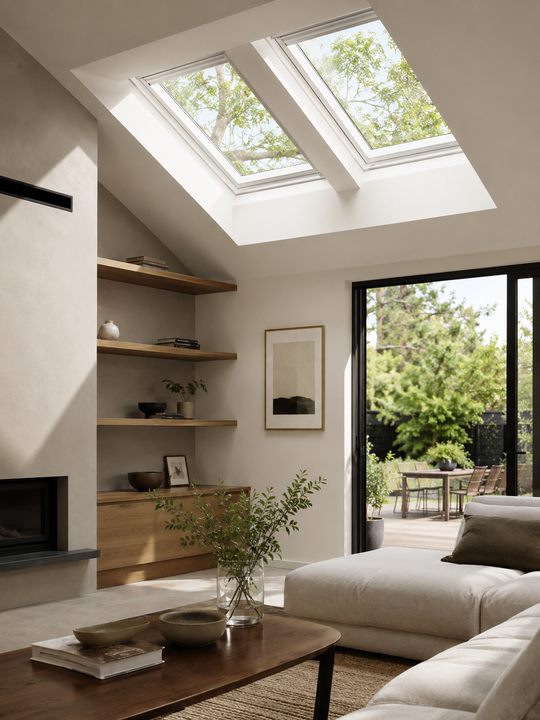 Indoor living room with a skylight, a large potted plant, a clock on the wall, and a window with decorative items.