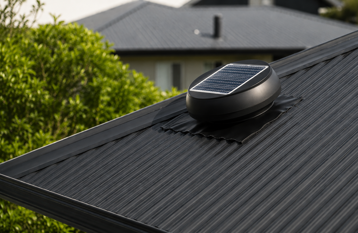 Corrugated metal roof with a solar-powered ventilation system near trees.