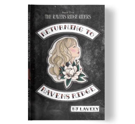 Book cover titled 'Returning to Ravens Ridge' by D. Lavely, featuring an illustration of a woman with blonde hair and a white flower on a dark background.