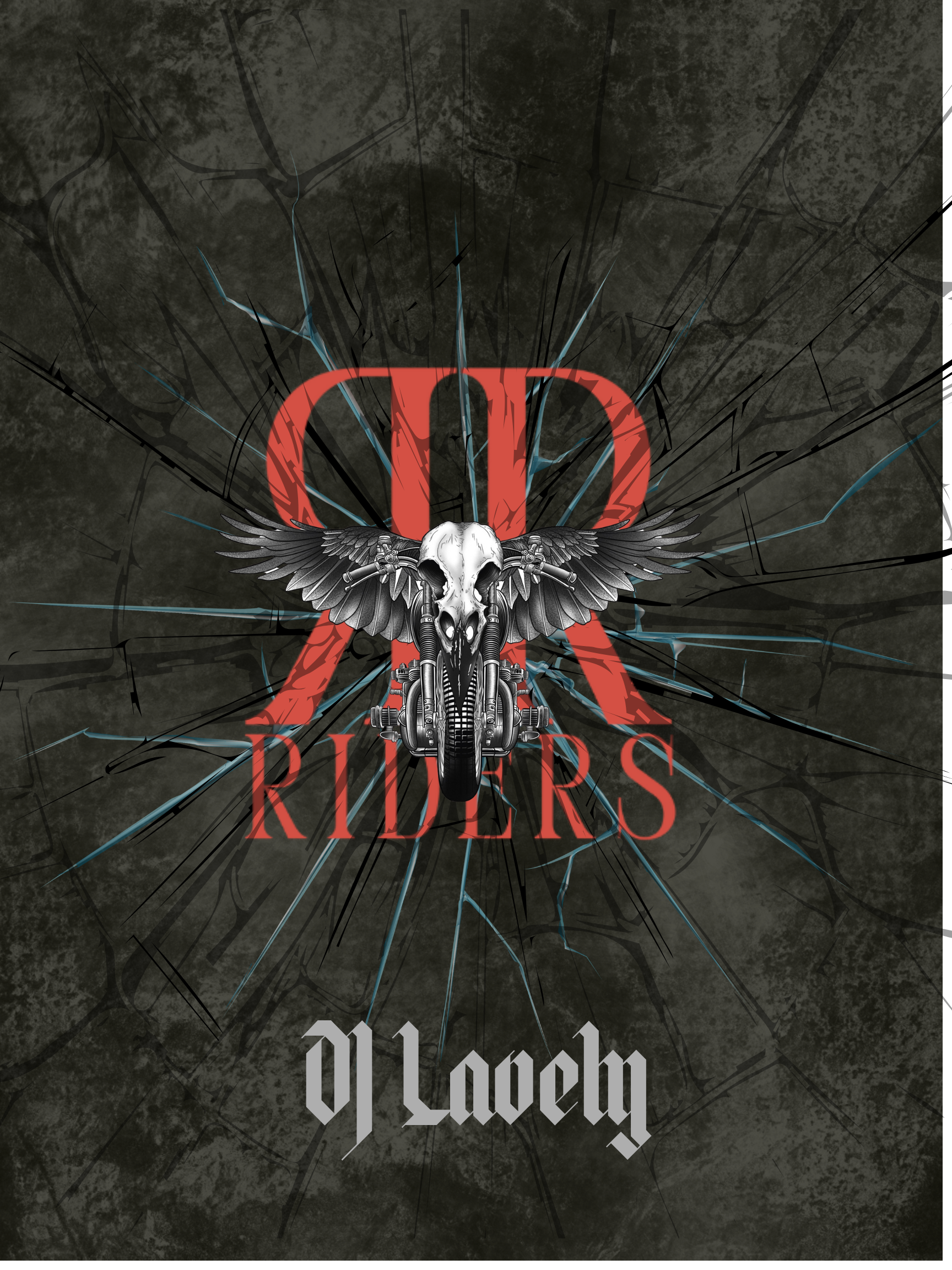 A motorcycle with a skull and wings on the front, set against a shattered glass background with the words 'Top Riders' in red and 'Loyalty' in Gothic font.