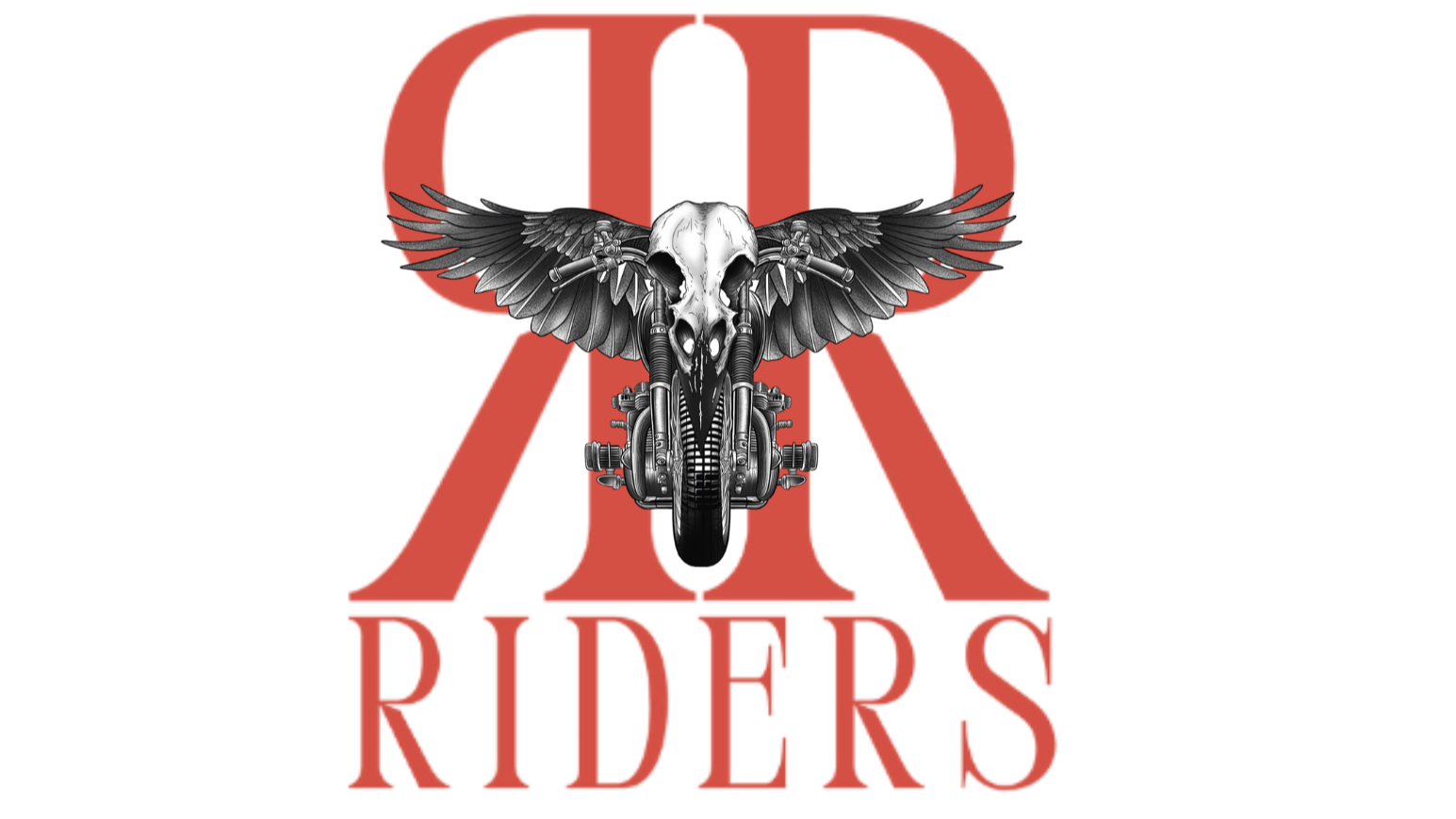 Logo with a skull of a bird with wings spread, a motorcycle engine beneath, large red letter 'R' behind, and the words 'Riders' in red at the bottom.