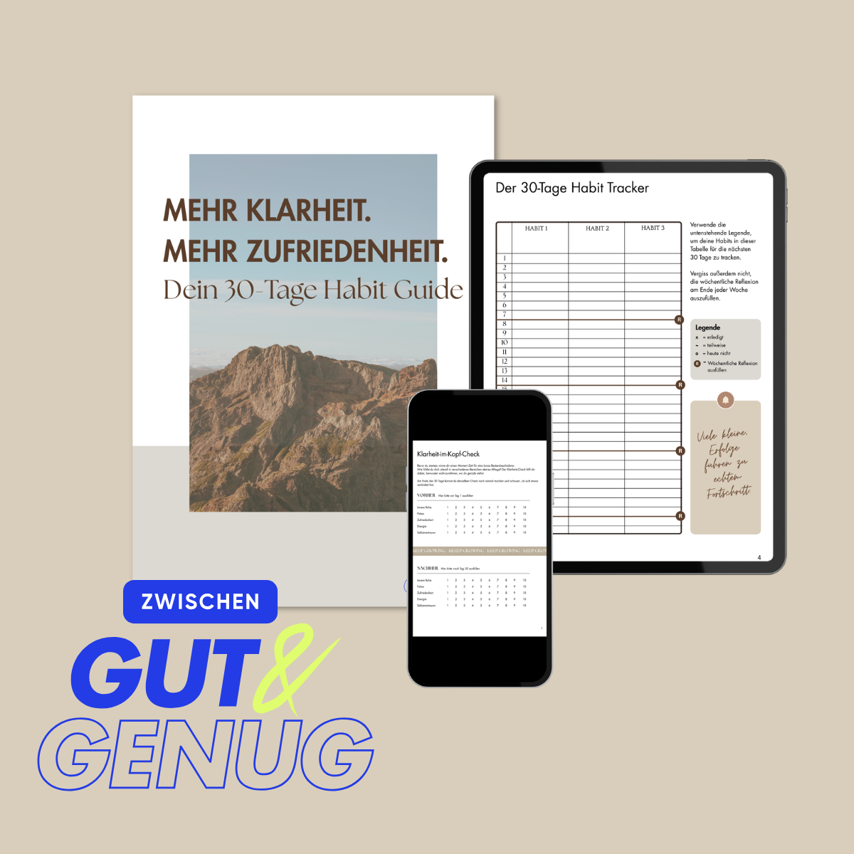 Vorschau des kostenlosen Habit Trackers (PDF) von Zwischen Gut & Genug mit Reflexionsfragen für mehr Klarheit.