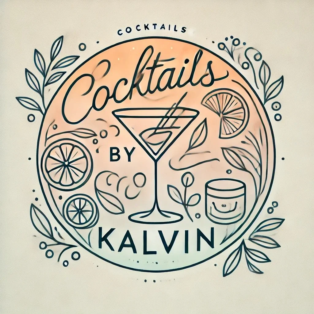 Illustration with a martini glass, citrus slices, leaves, and the text "Cocktails by Kalvin" in decorative style.