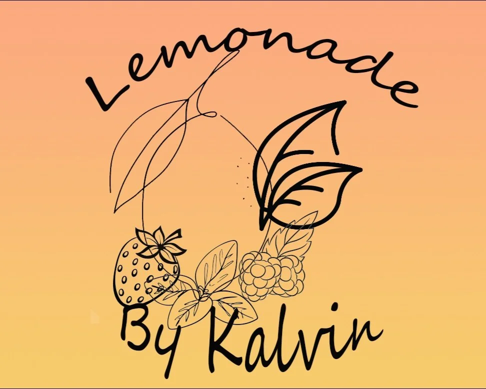 Illustration of a strawberry, raspberries, and leaves with "Lemonade by Kalvin" text on a gradient orange background.